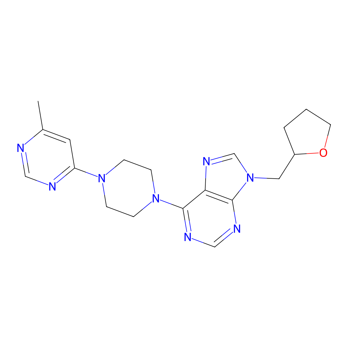 6-[4-(6-methylpyrimidin-4-yl)piperazin-1-yl]-9-[(oxolan-2-yl)methyl]-9H-purine molecular structure, CAS 2640948-90-7
