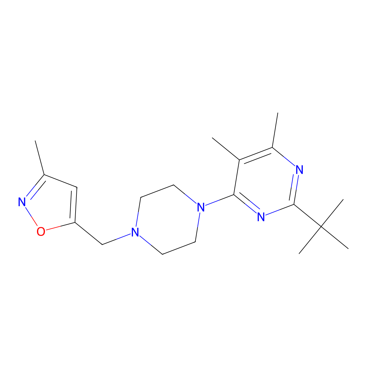2-Tert-butyl-4,5-dimethyl-6-{4-[(3-methyl-1,2-oxazol-5-yl)methyl]piperazin-1-yl}pyrimidine molecular structure, CAS 2640948-91-8