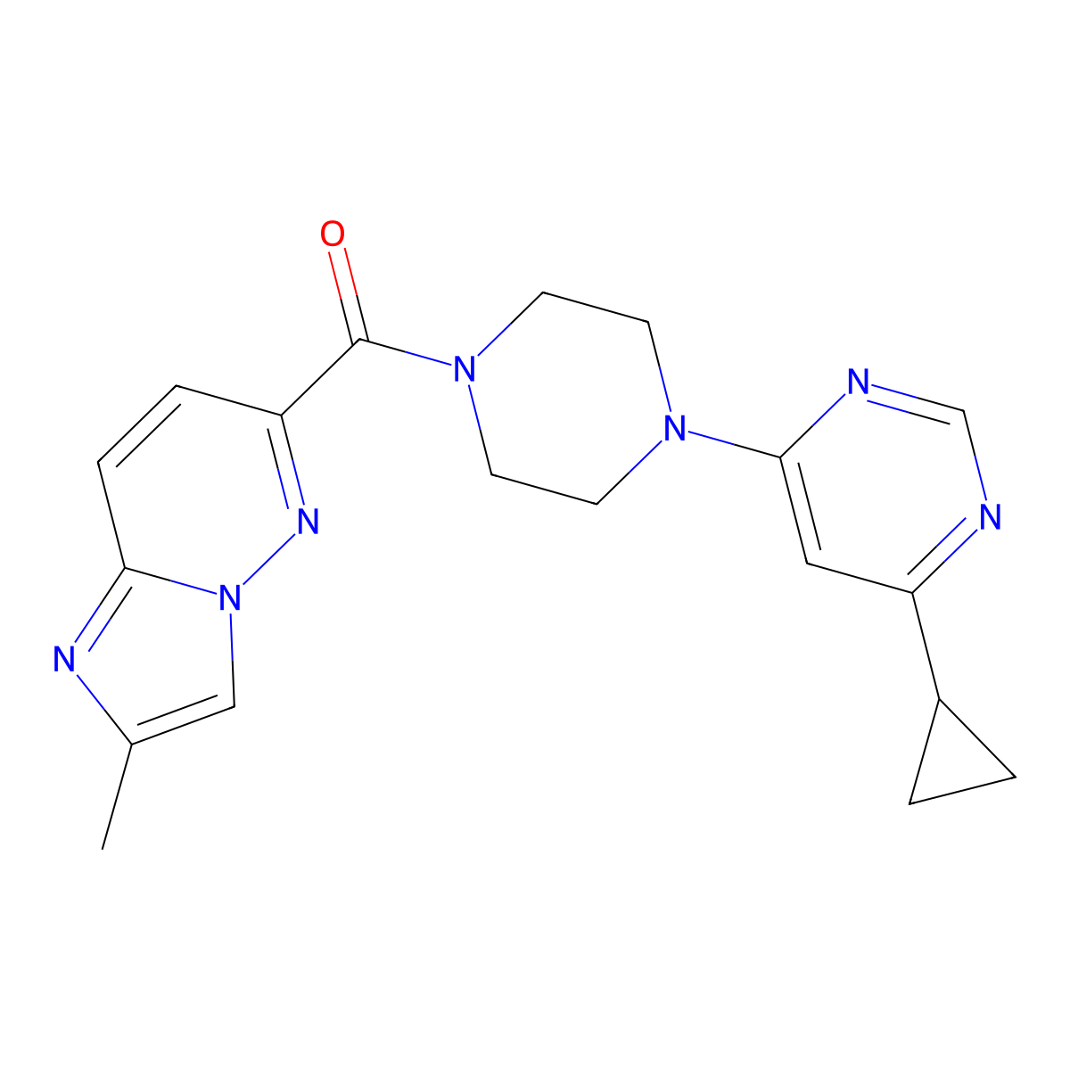 4-Cyclopropyl-6-(4-{2-methylimidazo[1,2-b]pyridazine-6-carbonyl}piperazin-1-yl)pyrimidine molecular structure, CAS 2640948-97-4
