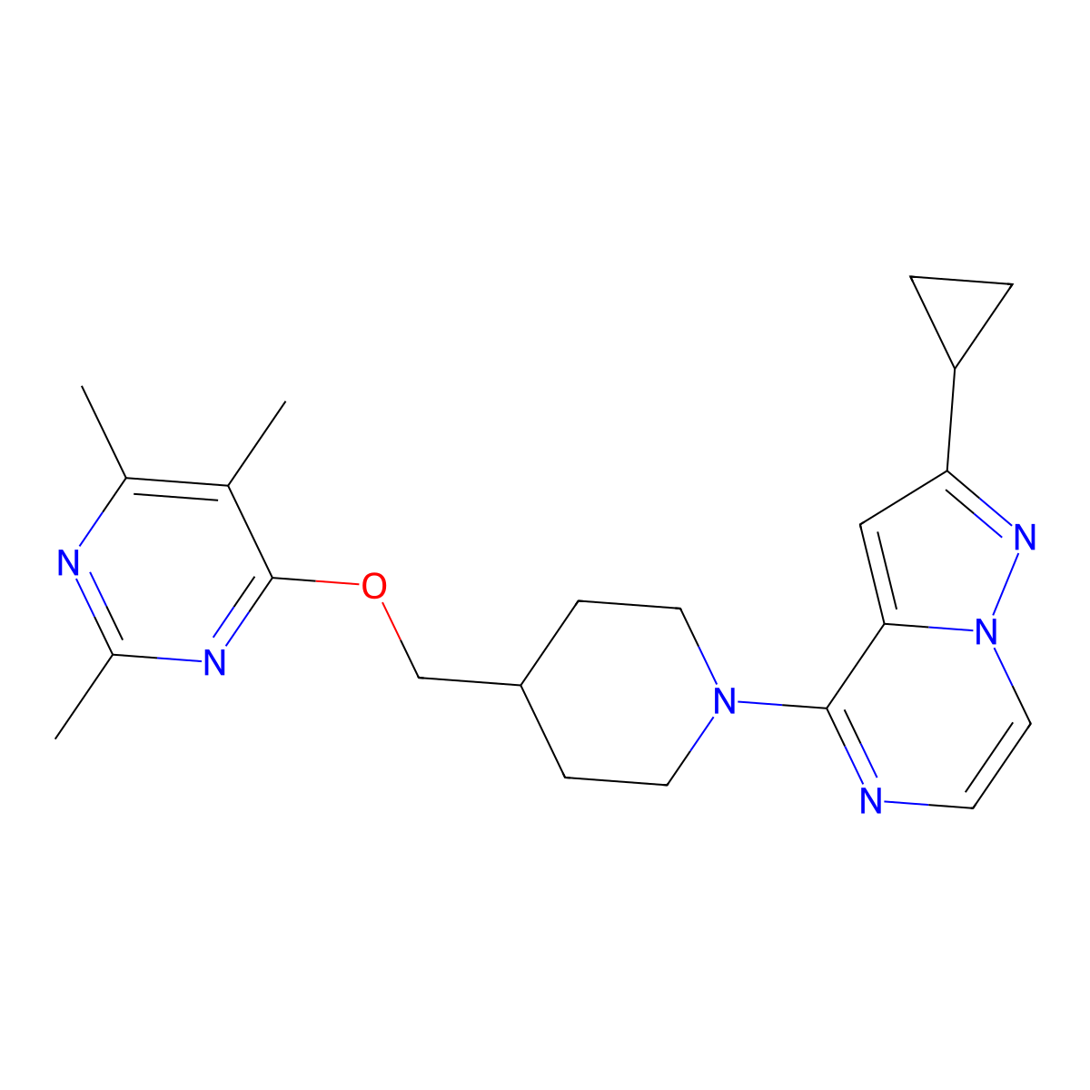 4-[(1-{2-Cyclopropylpyrazolo[1,5-a]pyrazin-4-yl}piperidin-4-yl)methoxy]-2,5,6-trimethylpyrimidine molecular structure, CAS 2640948-99-6