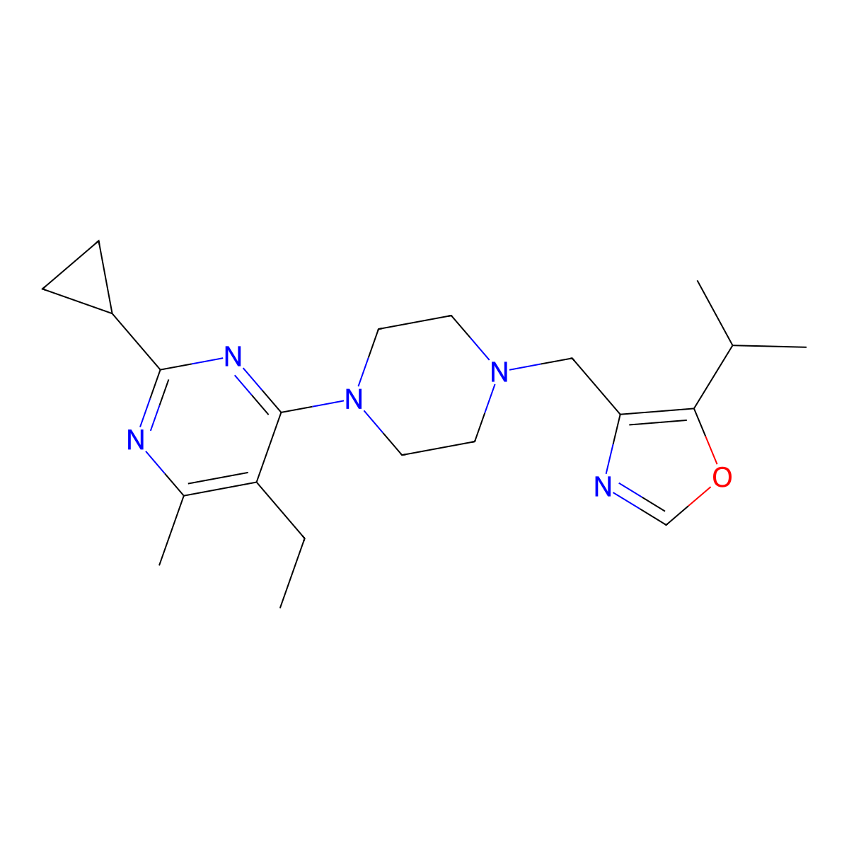 2-Cyclopropyl-5-ethyl-4-methyl-6-(4-{[5-(propan-2-yl)-1,3-oxazol-4-yl]methyl}piperazin-1-yl)pyrimidine molecular structure, CAS 2640949-01-3