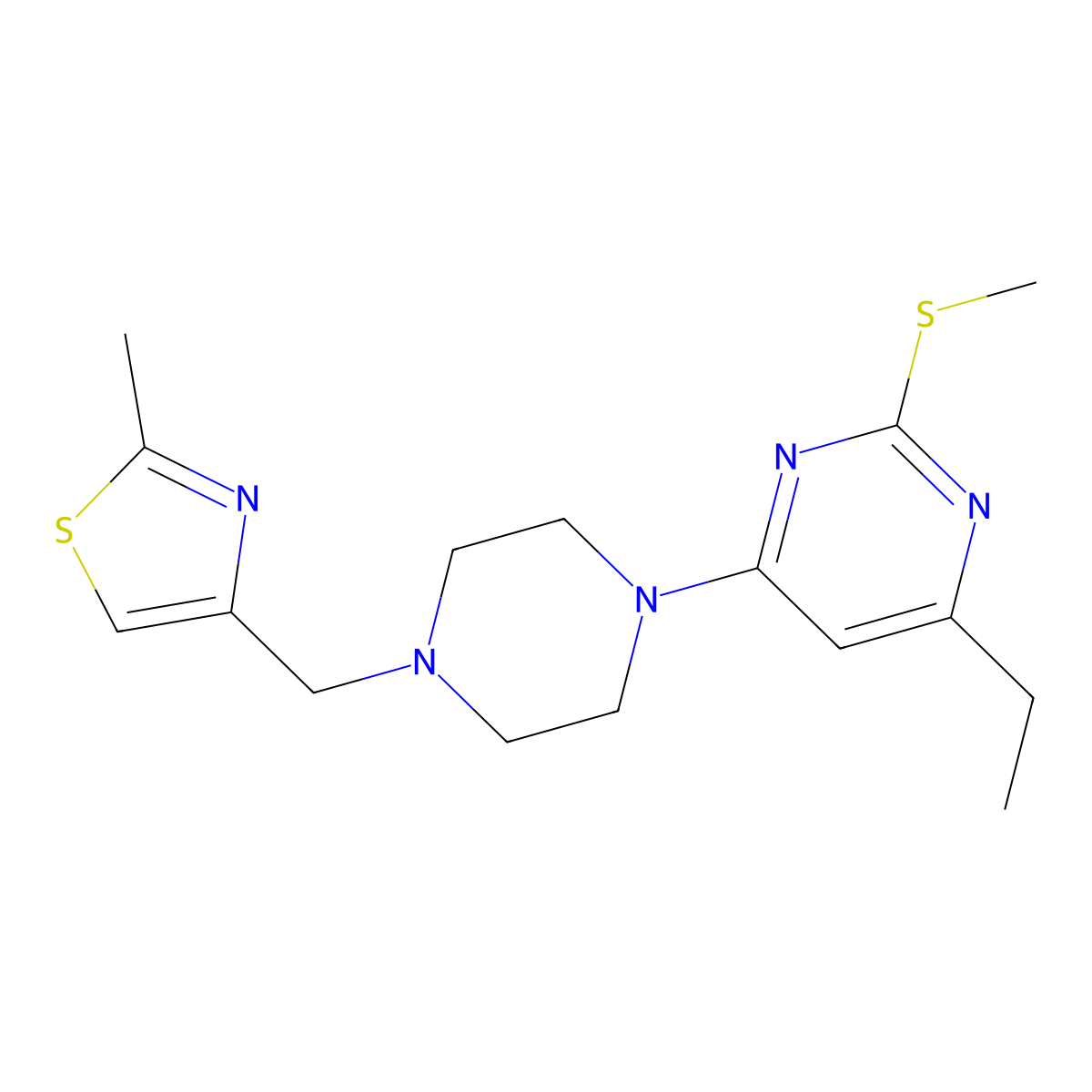 4-Ethyl-6-{4-[(2-methyl-1,3-thiazol-4-yl)methyl]piperazin-1-yl}-2-(methylsulfanyl)pyrimidine molecular structure, CAS 2640949-02-4
