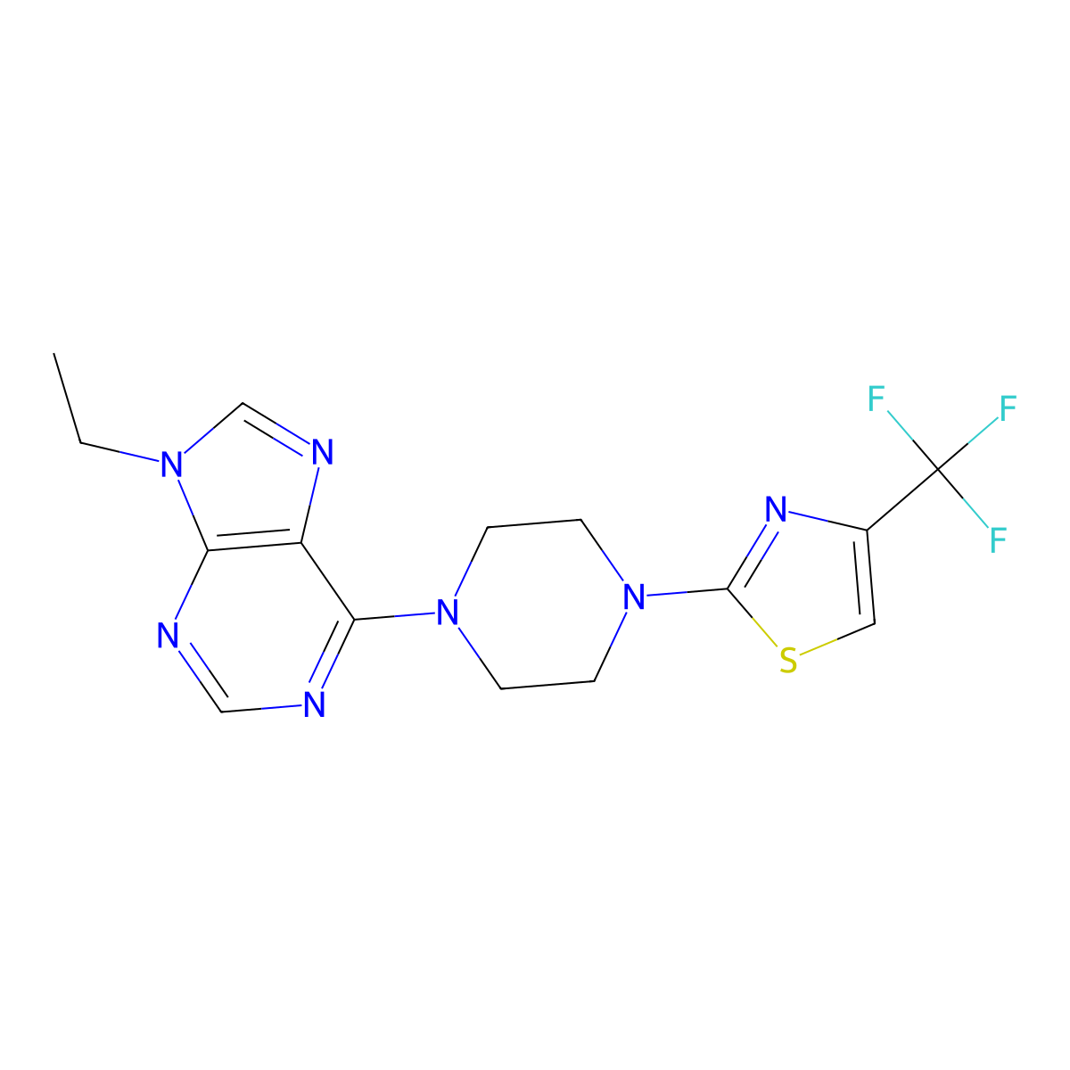 9-ethyl-6-{4-[4-(trifluoromethyl)-1,3-thiazol-2-yl]piperazin-1-yl}-9H-purine molecular structure, CAS 2640949-04-6