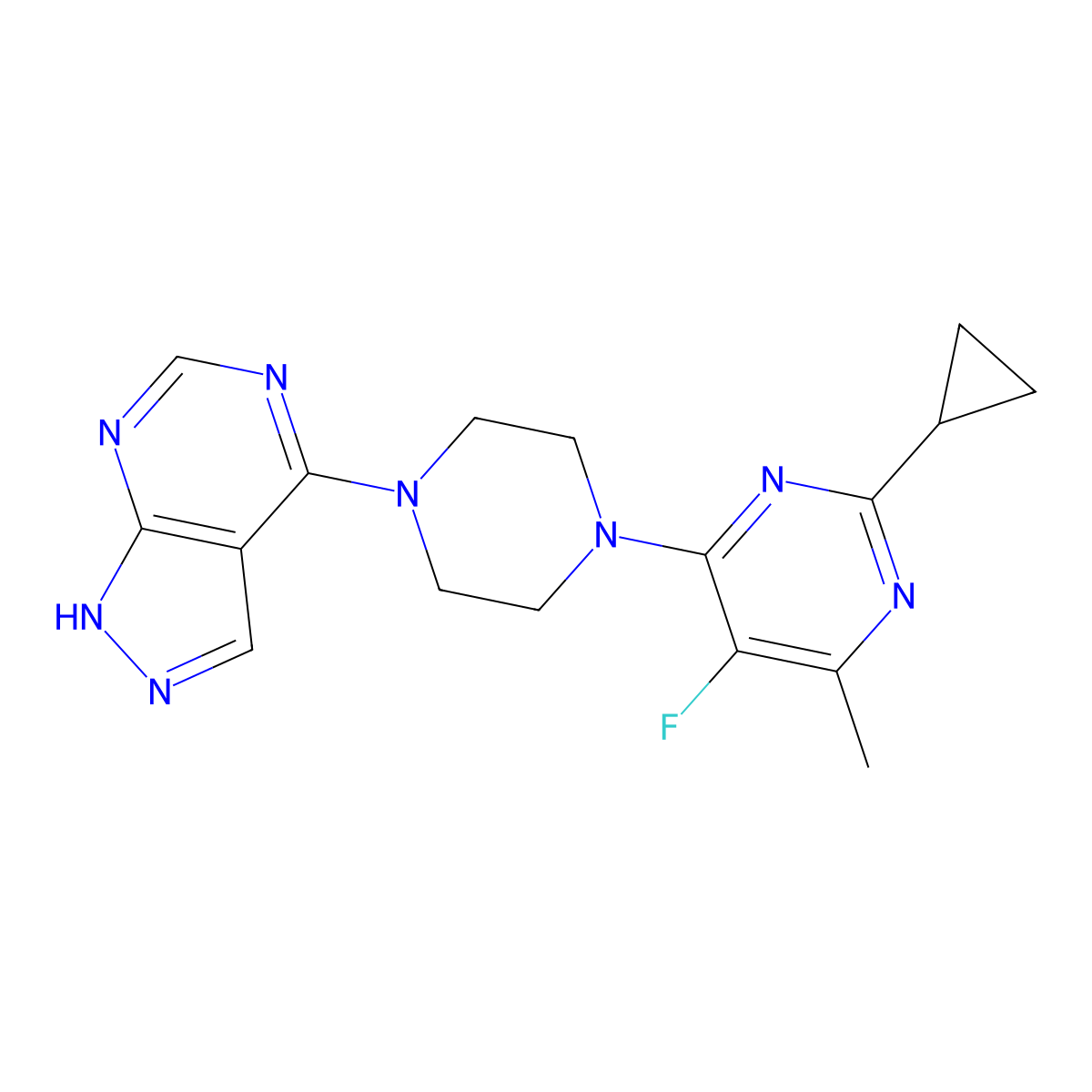 2-cyclopropyl-5-fluoro-4-methyl-6-(4-{1H-pyrazolo[3,4-d]pyrimidin-4-yl}piperazin-1-yl)pyrimidine molecular structure, CAS 2640949-07-9