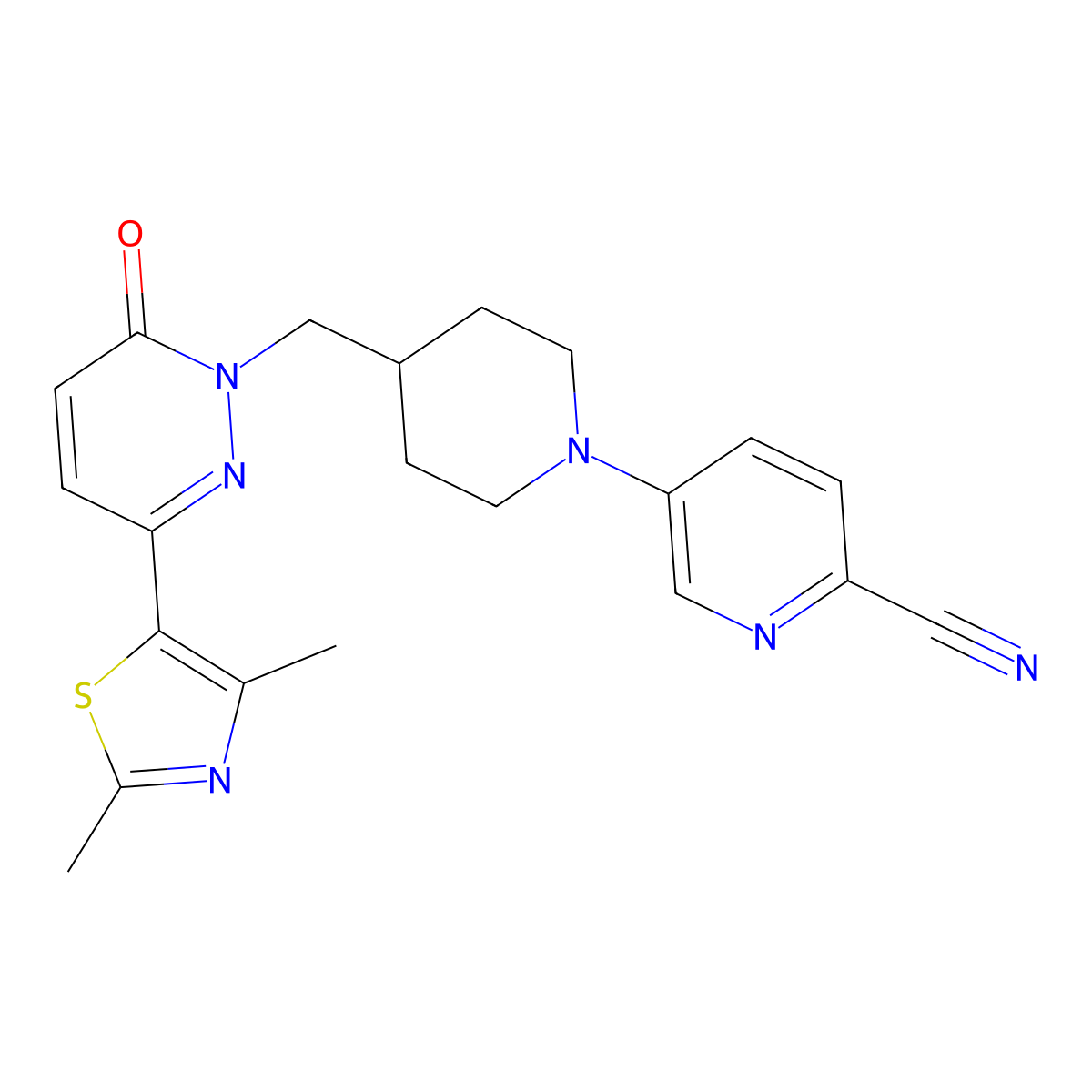 5-(4-{[3-(2,4-Dimethyl-1,3-thiazol-5-yl)-6-oxo-1,6-dihydropyridazin-1-yl]methyl}piperidin-1-yl)pyridine-2-carbonitrile molecular structure, CAS 2640949-09-1