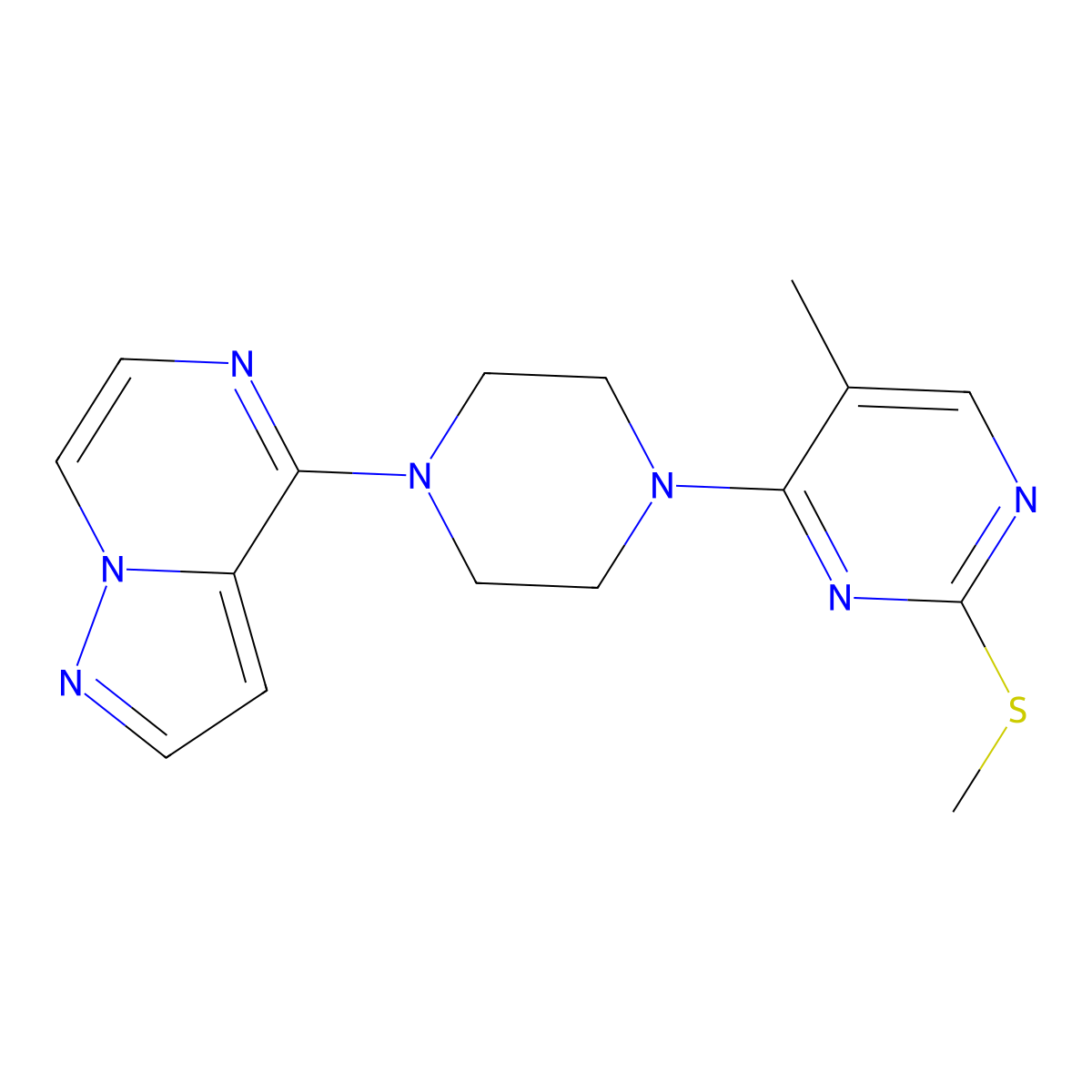 5-Methyl-2-(methylsulfanyl)-4-(4-{pyrazolo[1,5-a]pyrazin-4-yl}piperazin-1-yl)pyrimidine molecular structure, CAS 2640949-12-6