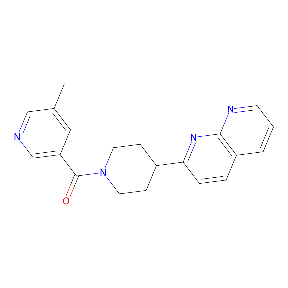 2-[1-(5-Methylpyridine-3-carbonyl)piperidin-4-yl]-1,8-naphthyridine molecular structure, CAS 2640949-14-8
