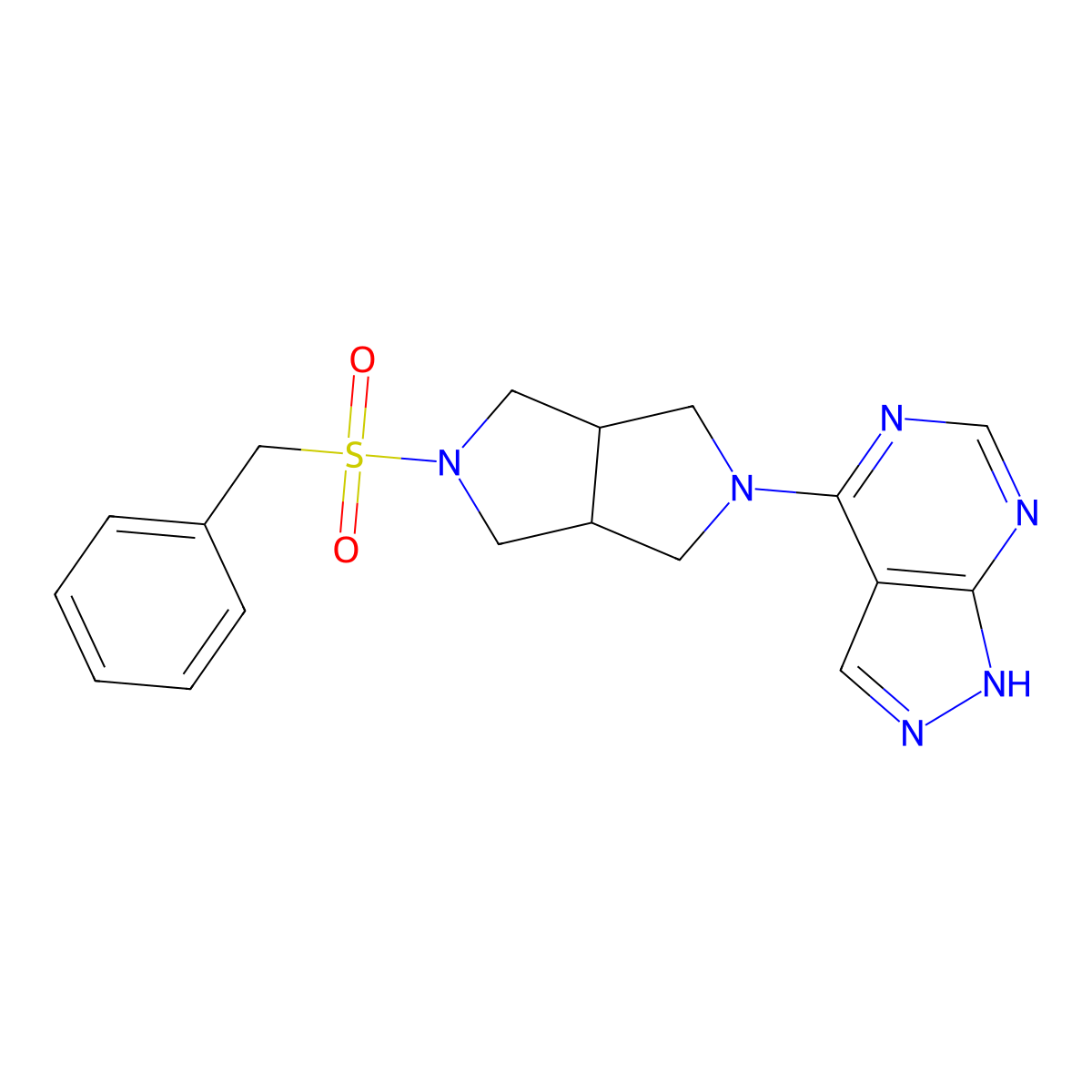 2-phenylmethanesulfonyl-5-{1H-pyrazolo[3,4-d]pyrimidin-4-yl}-octahydropyrrolo[3,4-c]pyrrole molecular structure, CAS 2640949-21-7