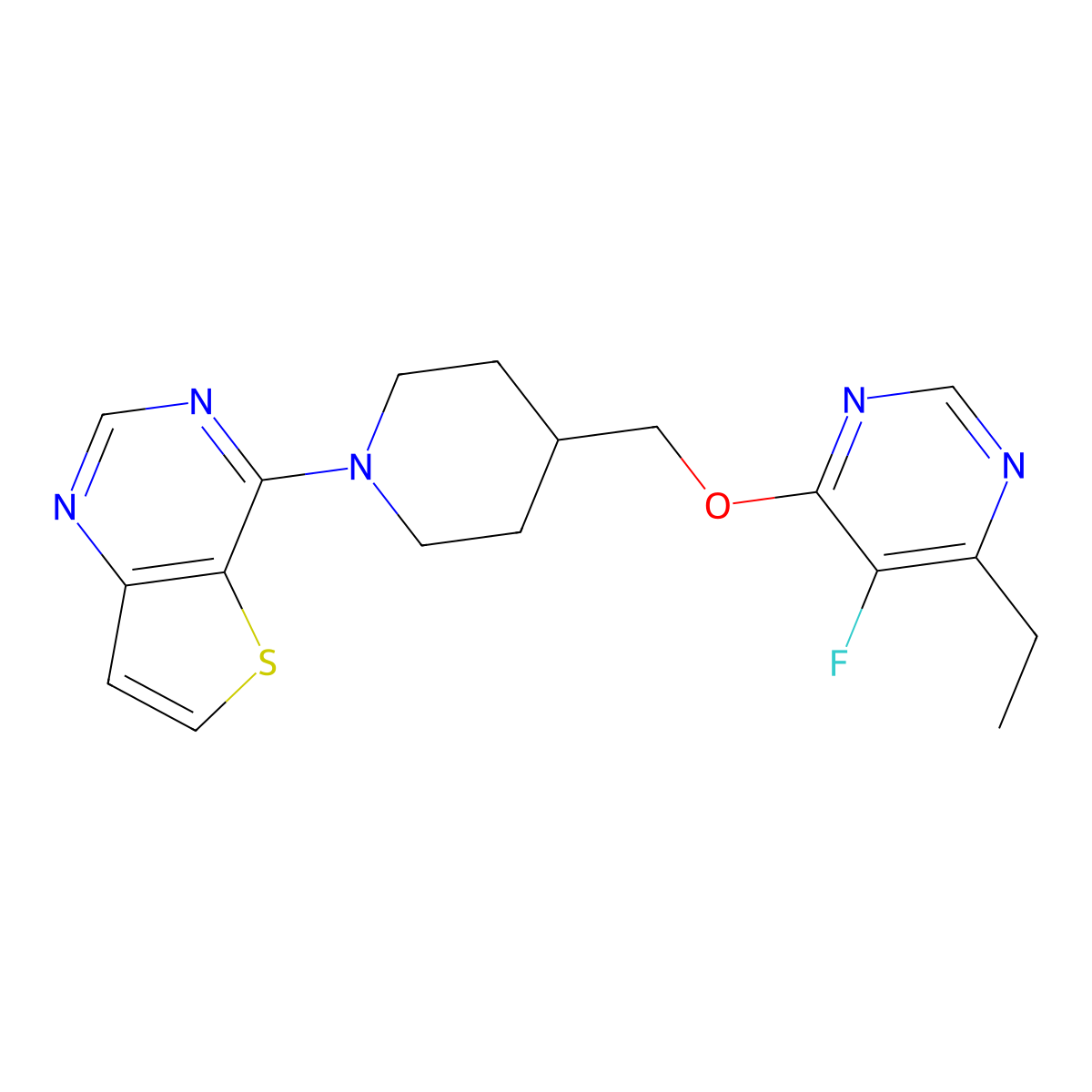 4-Ethyl-5-fluoro-6-[(1-{thieno[3,2-d]pyrimidin-4-yl}piperidin-4-yl)methoxy]pyrimidine molecular structure, CAS 2640949-23-9