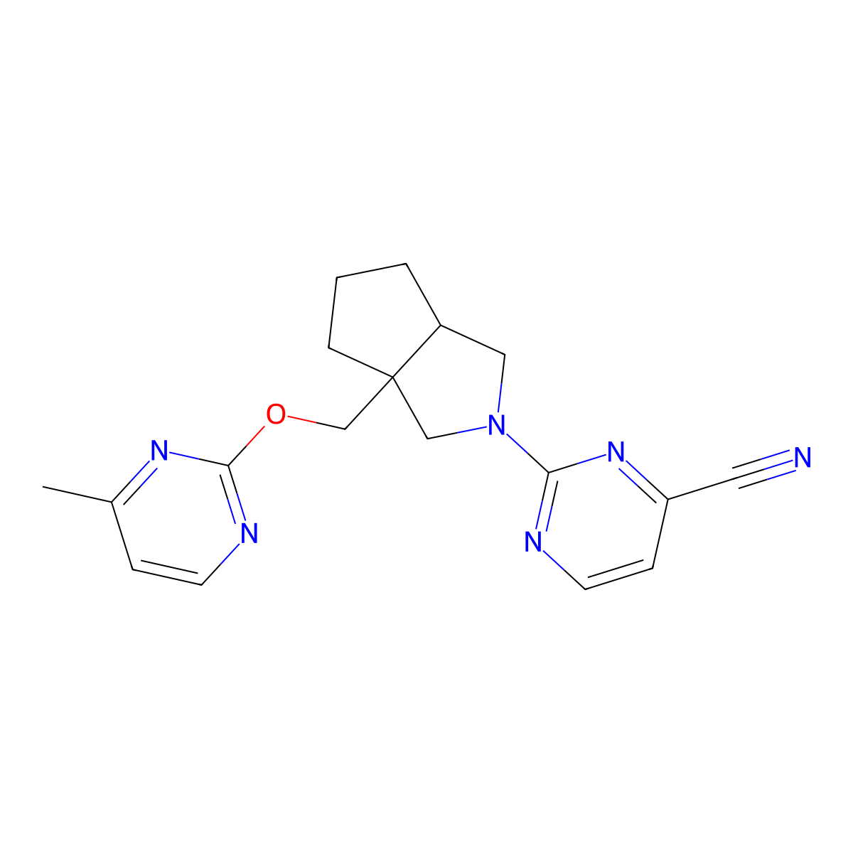 2-(3a-{[(4-Methylpyrimidin-2-yl)oxy]methyl}-octahydrocyclopenta[c]pyrrol-2-yl)pyrimidine-4-carbonitrile molecular structure, CAS 2640949-25-1