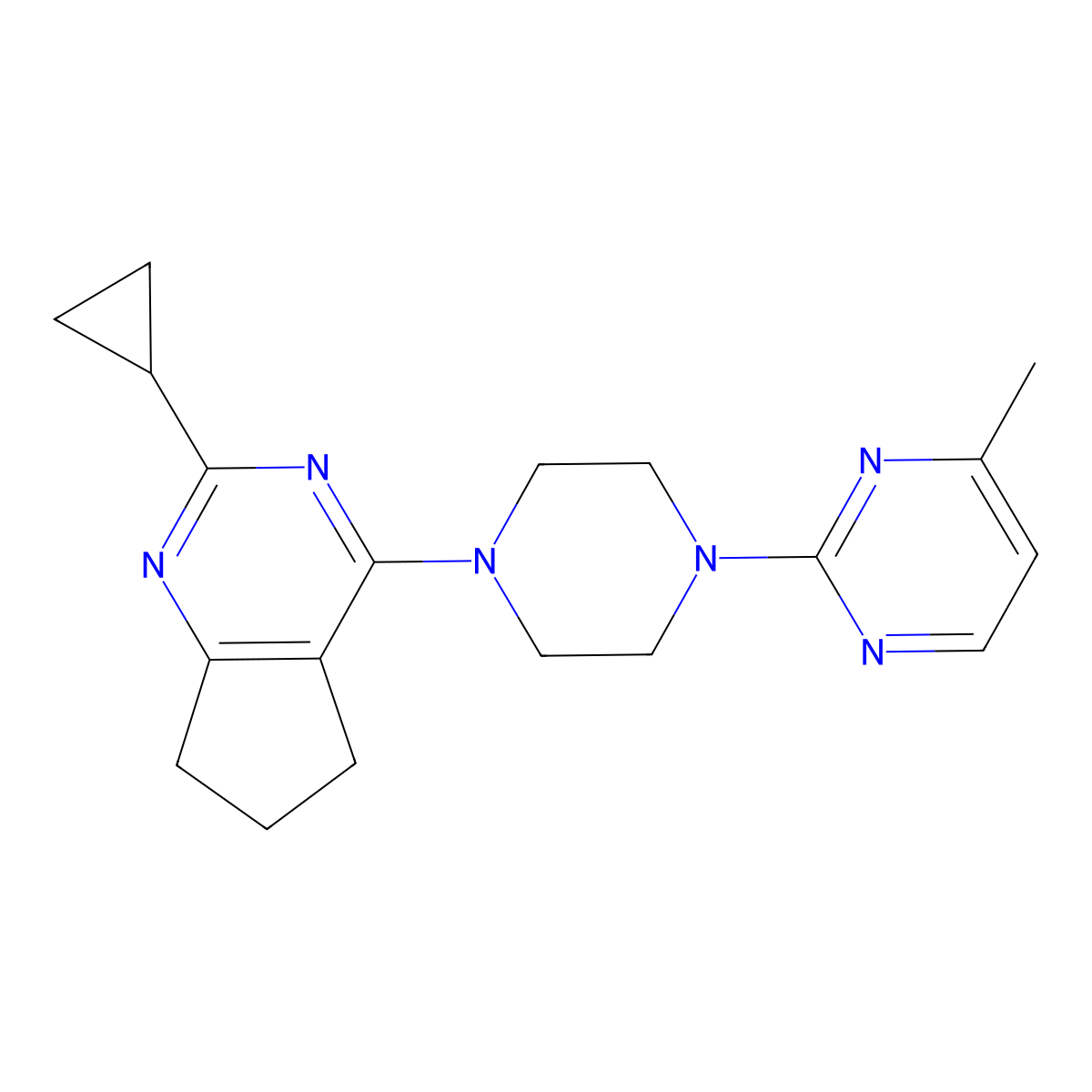 2-(4-{2-cyclopropyl-5H,6H,7H-cyclopenta[d]pyrimidin-4-yl}piperazin-1-yl)-4-methylpyrimidine molecular structure, CAS 2640949-26-2