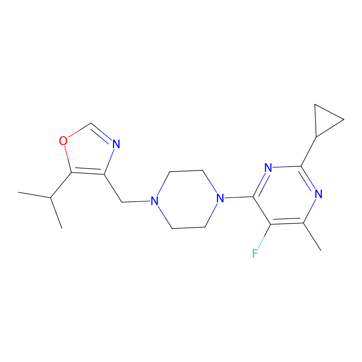 2-Cyclopropyl-5-fluoro-4-methyl-6-(4-{[5-(propan-2-yl)-1,3-oxazol-4-yl]methyl}piperazin-1-yl)pyrimidine molecular structure, CAS 2640949-30-8