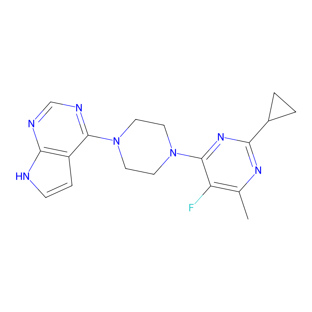 2-cyclopropyl-5-fluoro-4-methyl-6-(4-{7H-pyrrolo[2,3-d]pyrimidin-4-yl}piperazin-1-yl)pyrimidine molecular structure, CAS 2640949-34-2