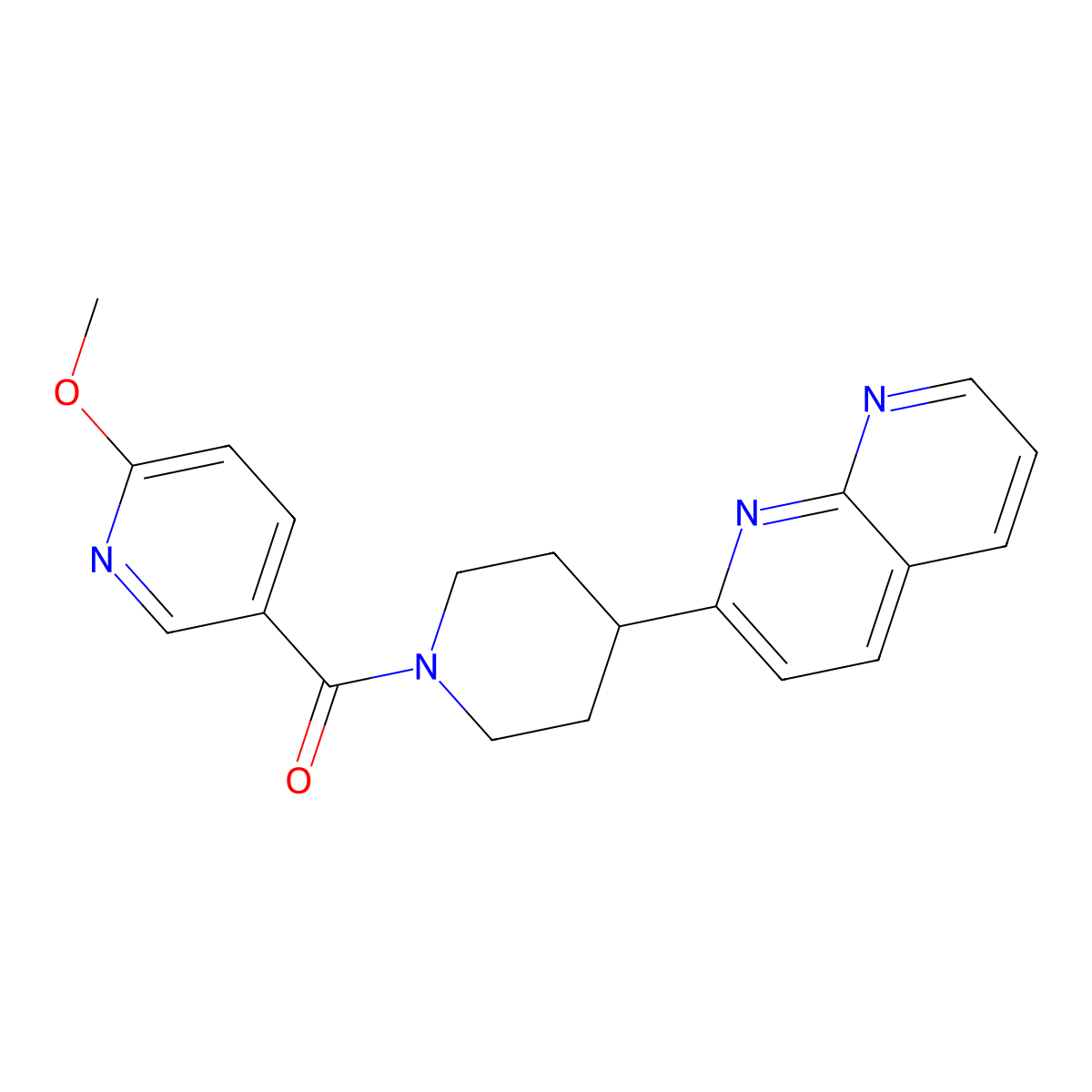 2-[1-(6-Methoxypyridine-3-carbonyl)piperidin-4-yl]-1,8-naphthyridine molecular structure, CAS 2640949-37-5