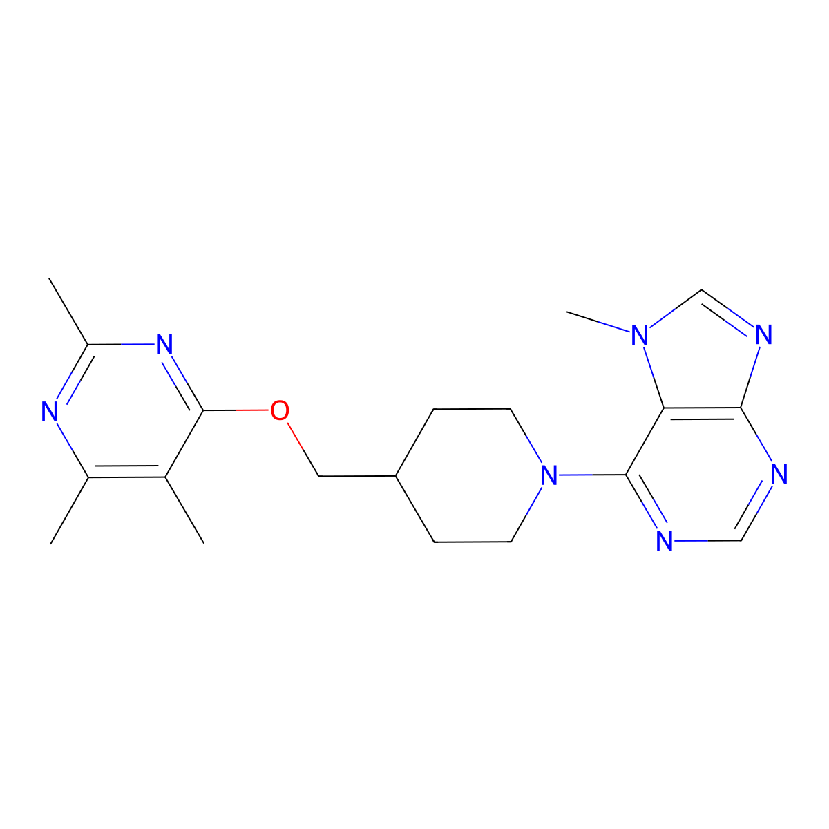 7-methyl-6-(4-{[(2,5,6-trimethylpyrimidin-4-yl)oxy]methyl}piperidin-1-yl)-7H-purine molecular structure, CAS 2640949-38-6
