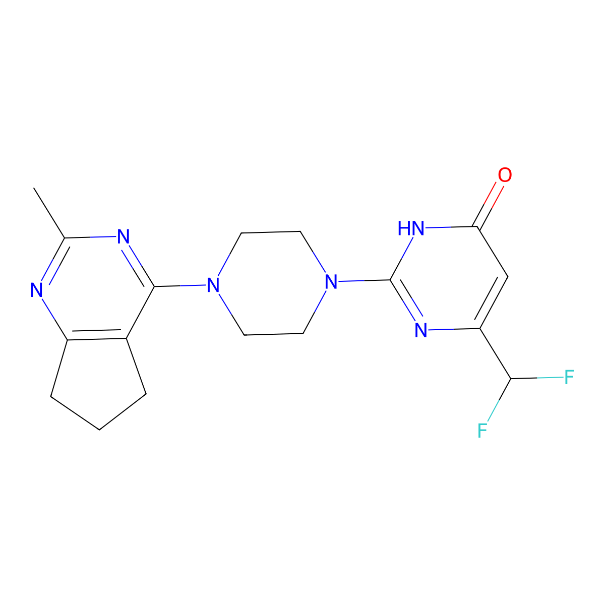 6-(difluoromethyl)-2-(4-{2-methyl-5H,6H,7H-cyclopenta[d]pyrimidin-4-yl}piperazin-1-yl)-3,4-dihydropyrimidin-4-one molecular structure, CAS 2640949-39-7
