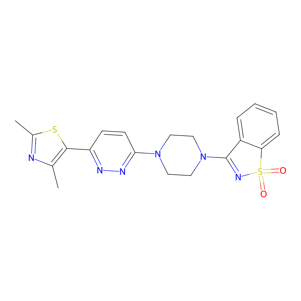 3-[4-[6-(2,4-Dimethyl-1,3-thiazol-5-yl)pyridazin-3-yl]piperazin-1-yl]-1,2-benzothiazole 1,1-dioxide molecular structure, CAS 2640949-40-0