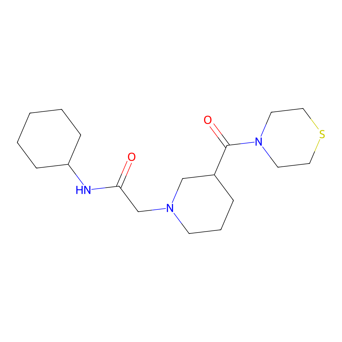 N-cyclohexyl-2-[3-(thiomorpholine-4-carbonyl)piperidin-1-yl]acetamide molecular structure, CAS 2640949-44-4