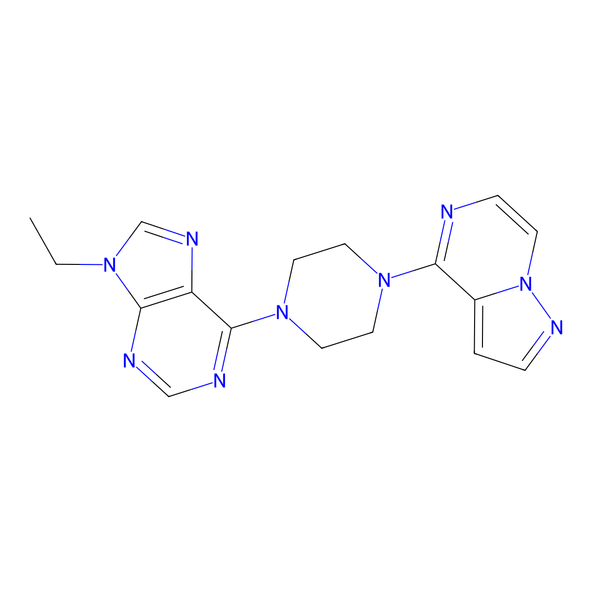 9-ethyl-6-(4-{pyrazolo[1,5-a]pyrazin-4-yl}piperazin-1-yl)-9H-purine molecular structure, CAS 2640949-47-7