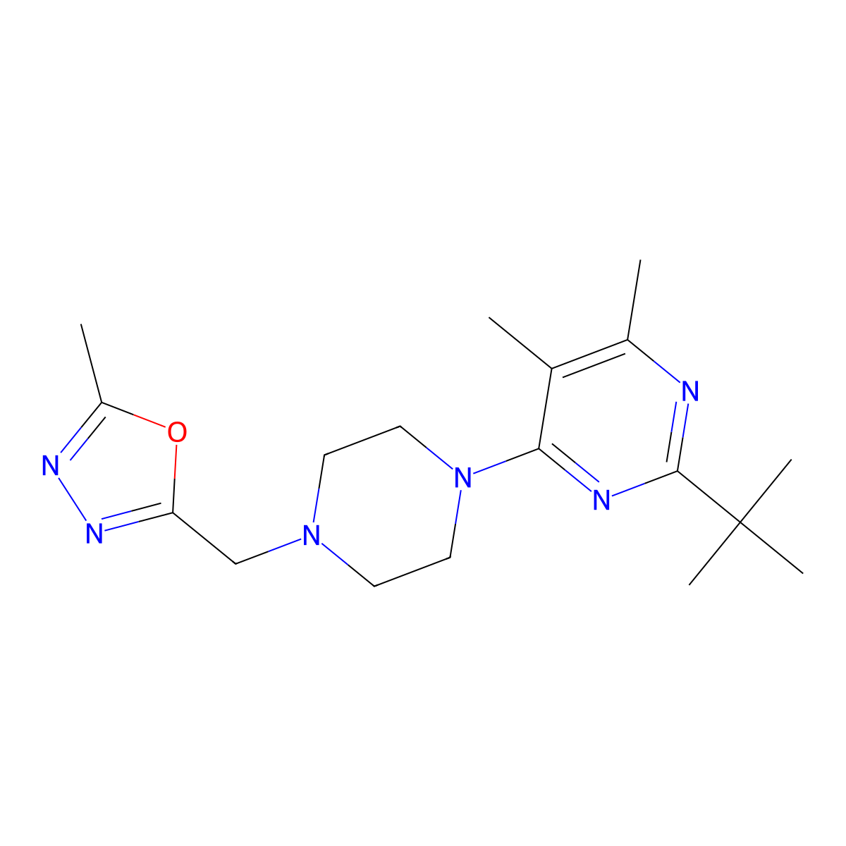 2-Tert-butyl-4,5-dimethyl-6-{4-[(5-methyl-1,3,4-oxadiazol-2-yl)methyl]piperazin-1-yl}pyrimidine molecular structure, CAS 2640949-48-8