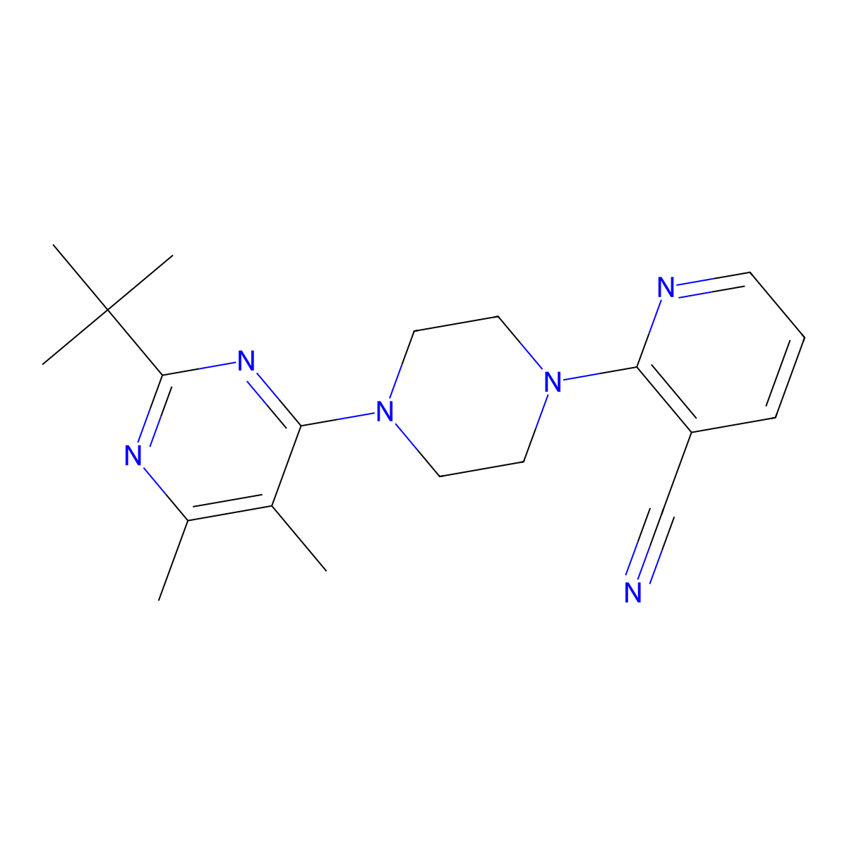 2-[4-(2-Tert-butyl-5,6-dimethylpyrimidin-4-yl)piperazin-1-yl]pyridine-3-carbonitrile molecular structure, CAS 2640949-54-6