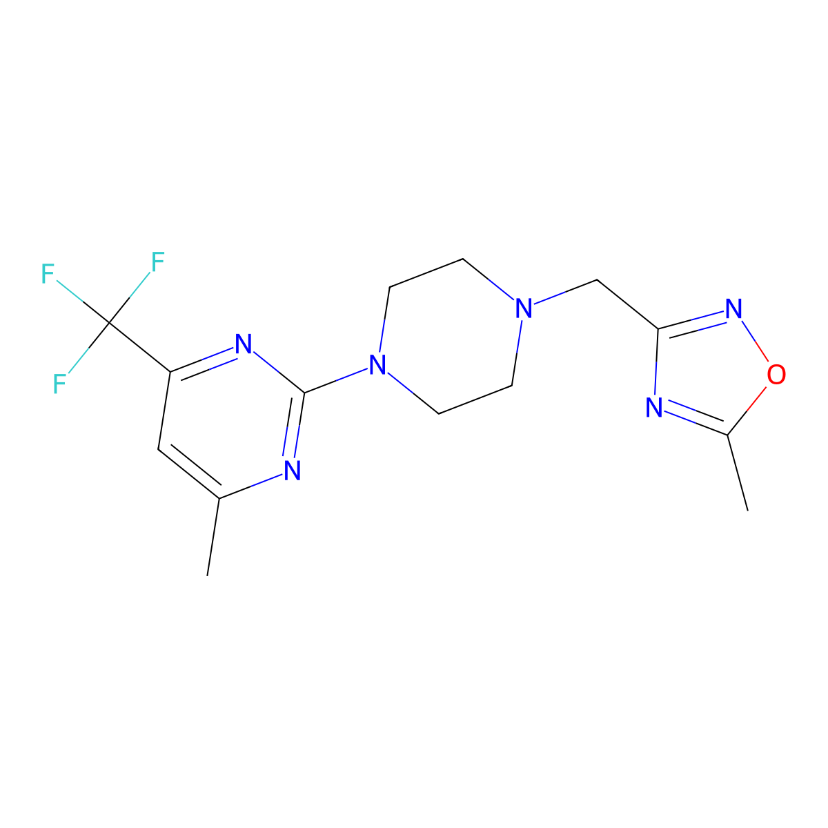 4-Methyl-2-{4-[(5-methyl-1,2,4-oxadiazol-3-yl)methyl]piperazin-1-yl}-6-(trifluoromethyl)pyrimidine molecular structure, CAS 2640949-56-8