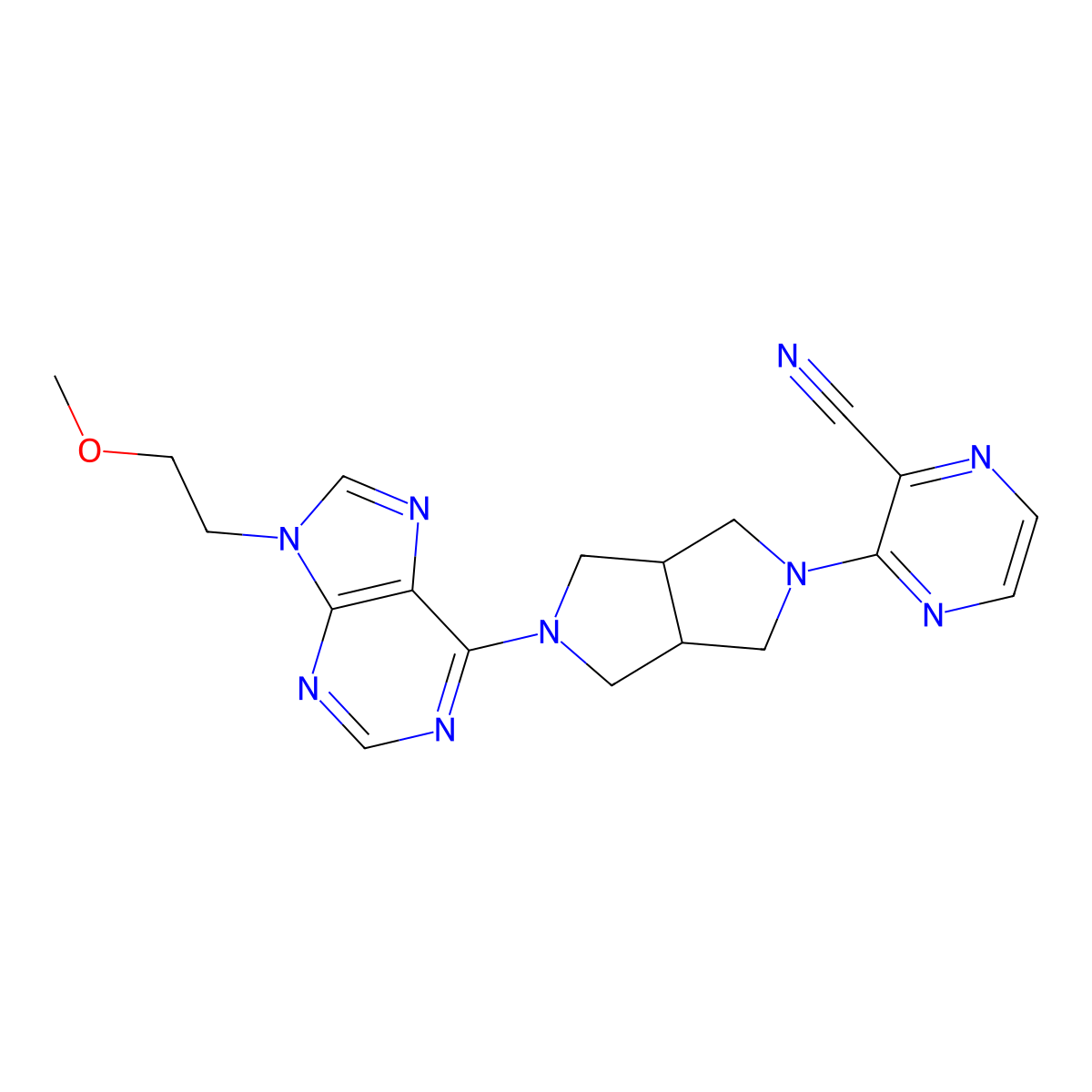 3-{5-[9-(2-methoxyethyl)-9H-purin-6-yl]-octahydropyrrolo[3,4-c]pyrrol-2-yl}pyrazine-2-carbonitrile molecular structure, CAS 2640949-57-9