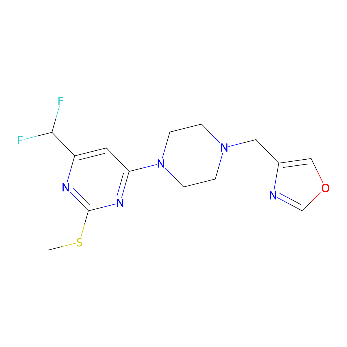 4-(Difluoromethyl)-2-(methylsulfanyl)-6-{4-[(1,3-oxazol-4-yl)methyl]piperazin-1-yl}pyrimidine molecular structure, CAS 2640949-63-7