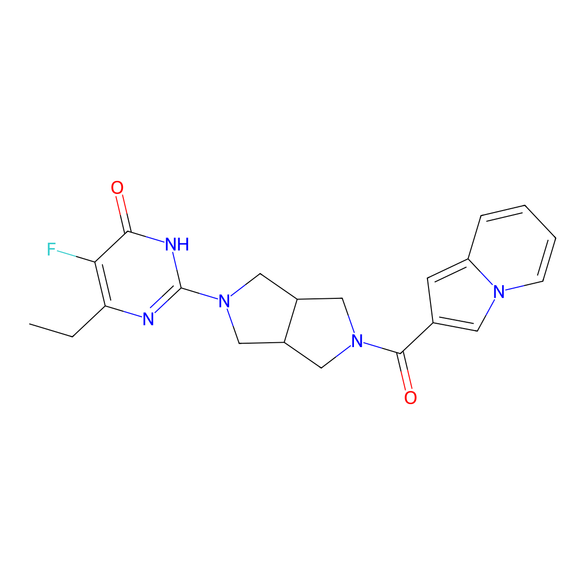 6-Ethyl-5-fluoro-2-[5-(indolizine-2-carbonyl)-octahydropyrrolo[3,4-c]pyrrol-2-yl]-3,4-dihydropyrimidin-4-one molecular structure, CAS 2640949-67-1