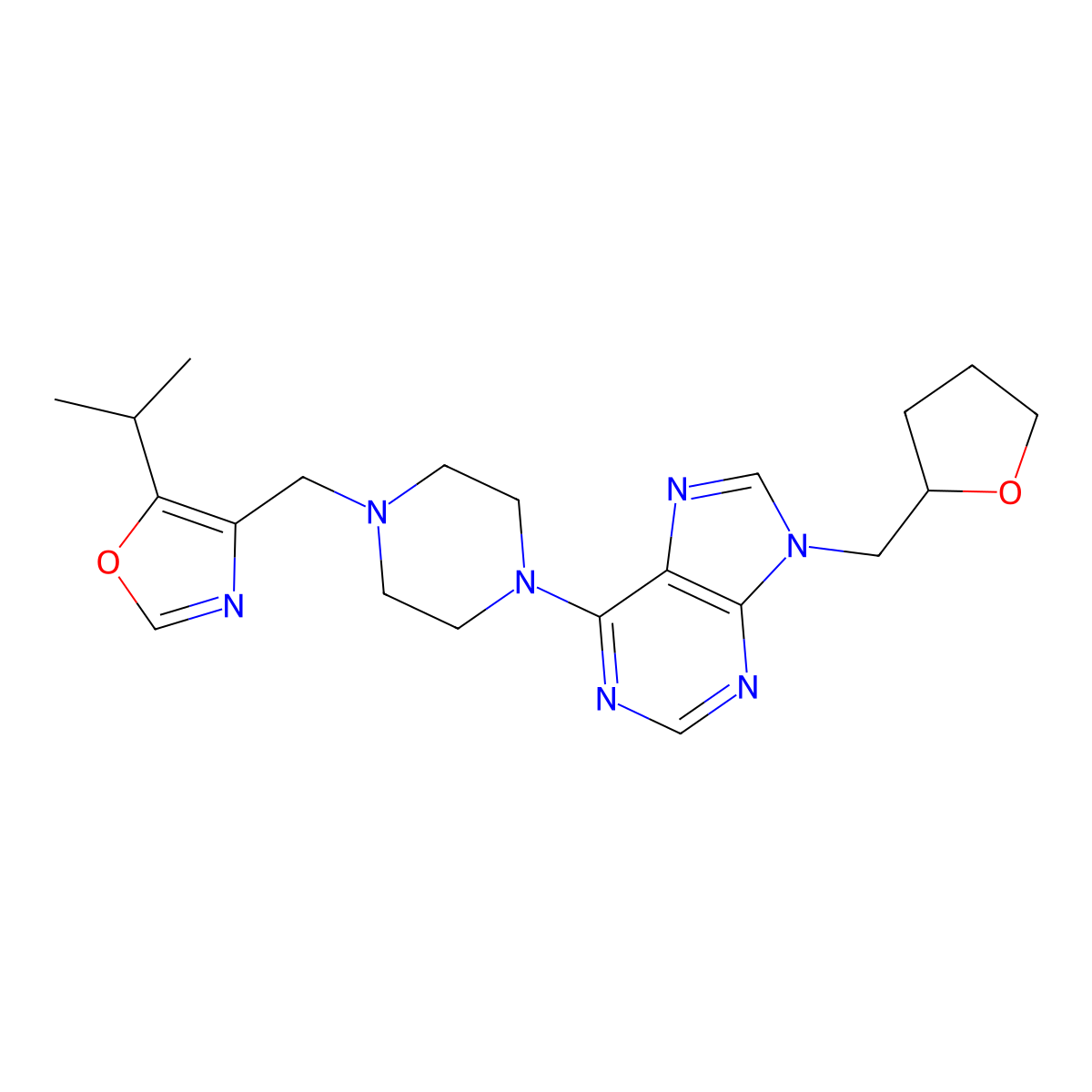 9-[(oxolan-2-yl)methyl]-6-(4-{[5-(propan-2-yl)-1,3-oxazol-4-yl]methyl}piperazin-1-yl)-9H-purine molecular structure, CAS 2640949-68-2
