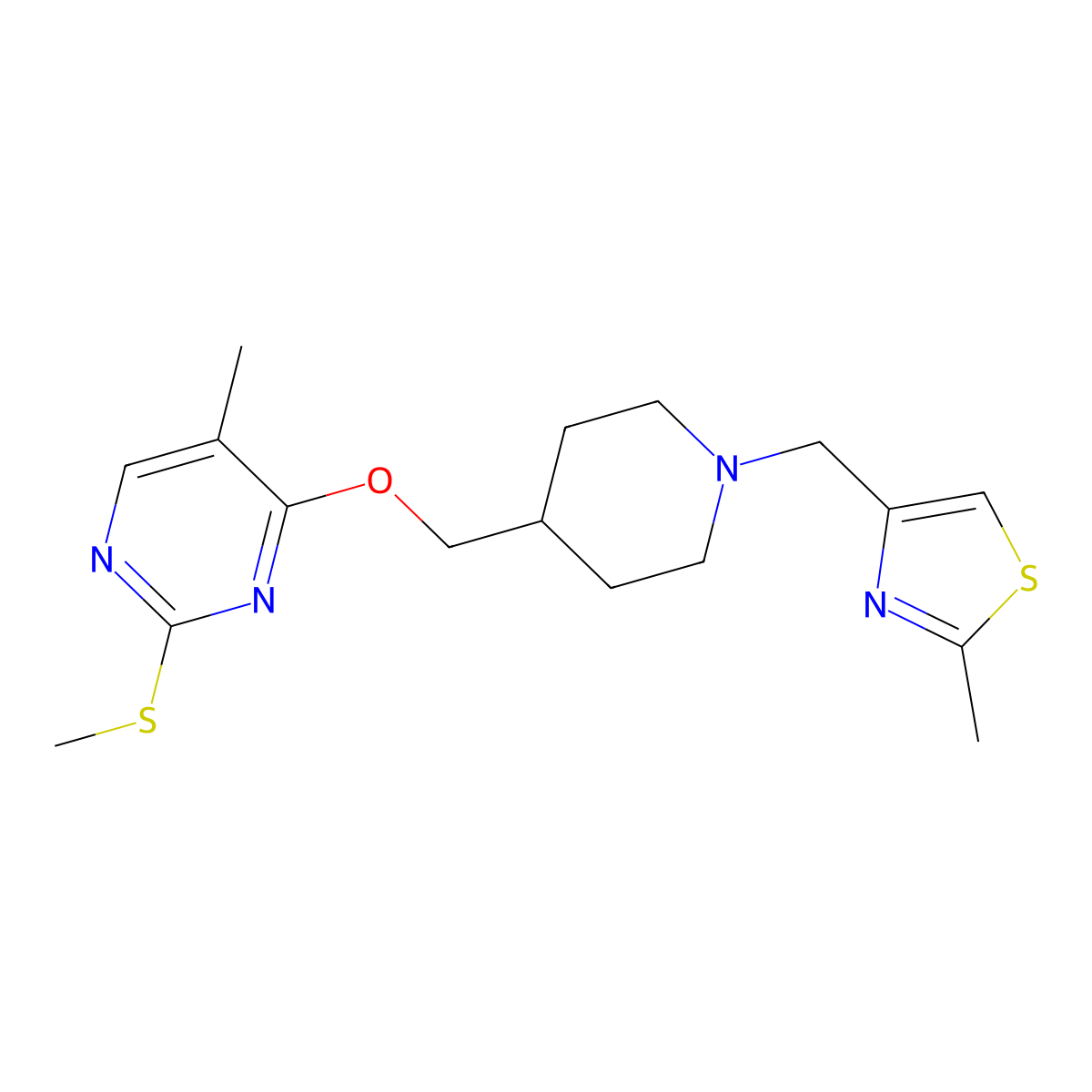 5-Methyl-4-({1-[(2-methyl-1,3-thiazol-4-yl)methyl]piperidin-4-yl}methoxy)-2-(methylsulfanyl)pyrimidine molecular structure, CAS 2640949-79-5