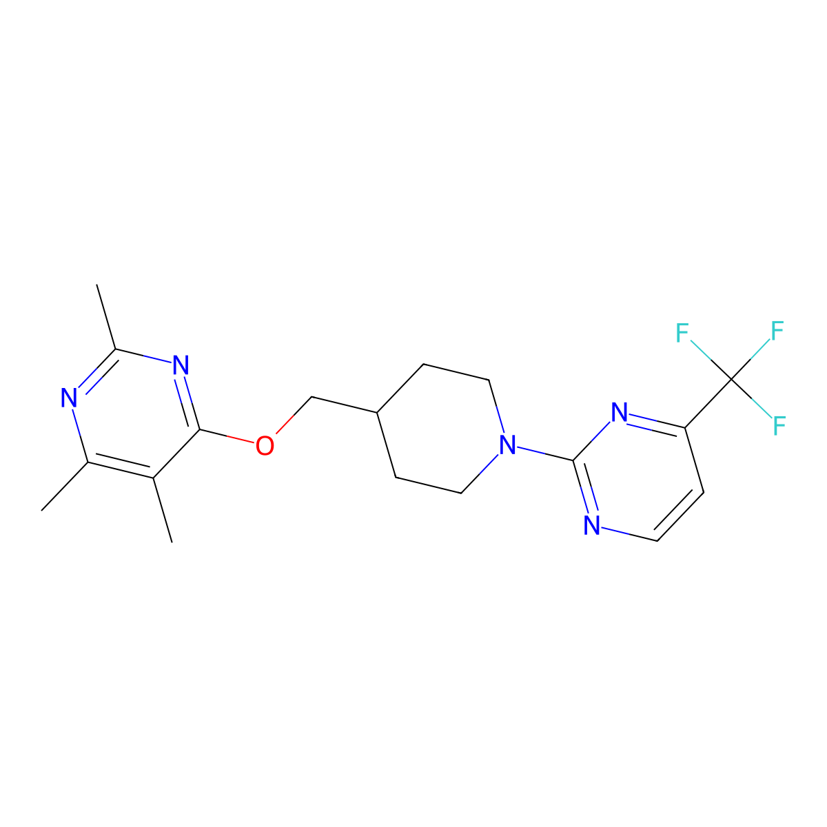 2,4,5-Trimethyl-6-({1-[4-(trifluoromethyl)pyrimidin-2-yl]piperidin-4-yl}methoxy)pyrimidine molecular structure, CAS 2640949-83-1