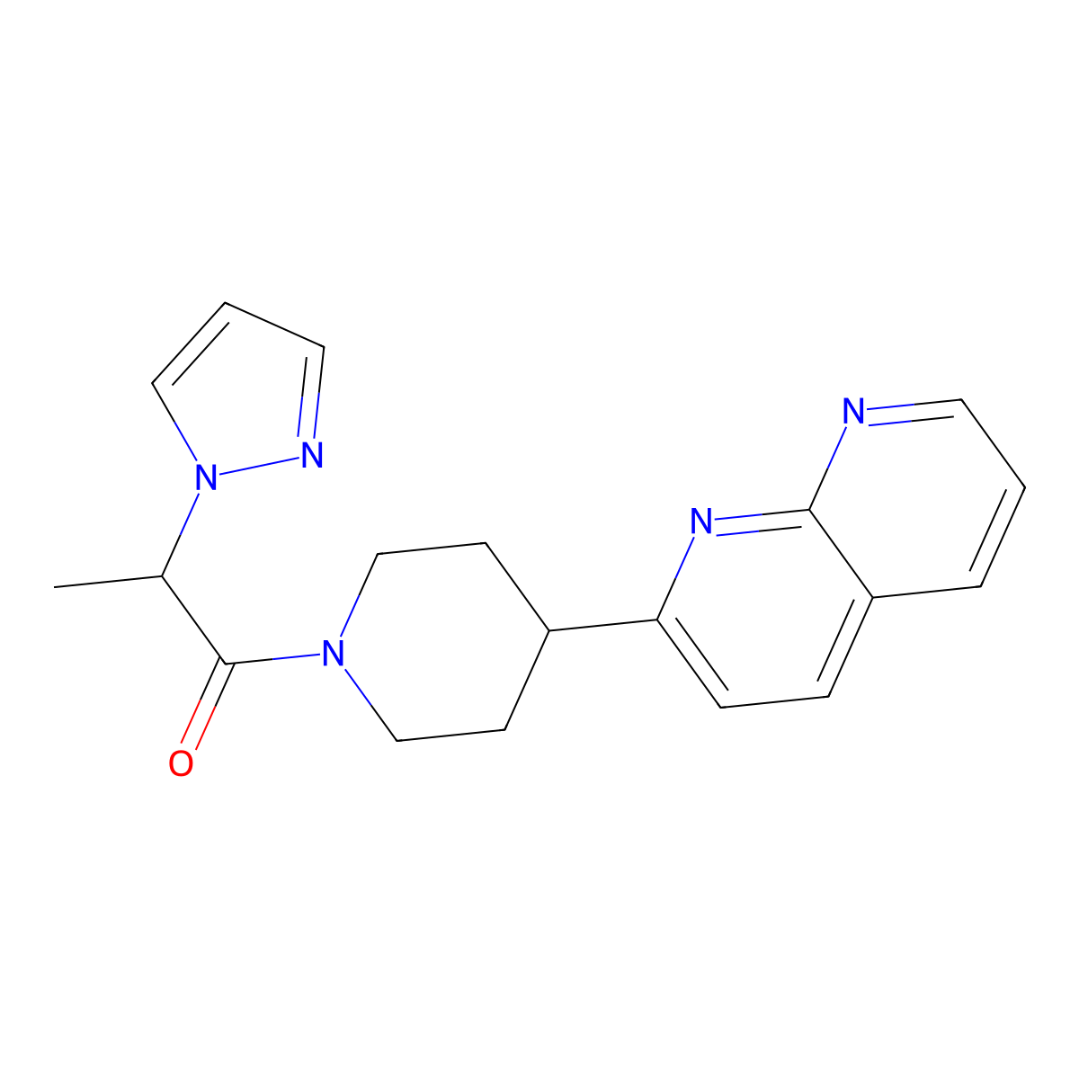 1-[4-(1,8-naphthyridin-2-yl)piperidin-1-yl]-2-(1H-pyrazol-1-yl)propan-1-one molecular structure, CAS 2640949-86-4