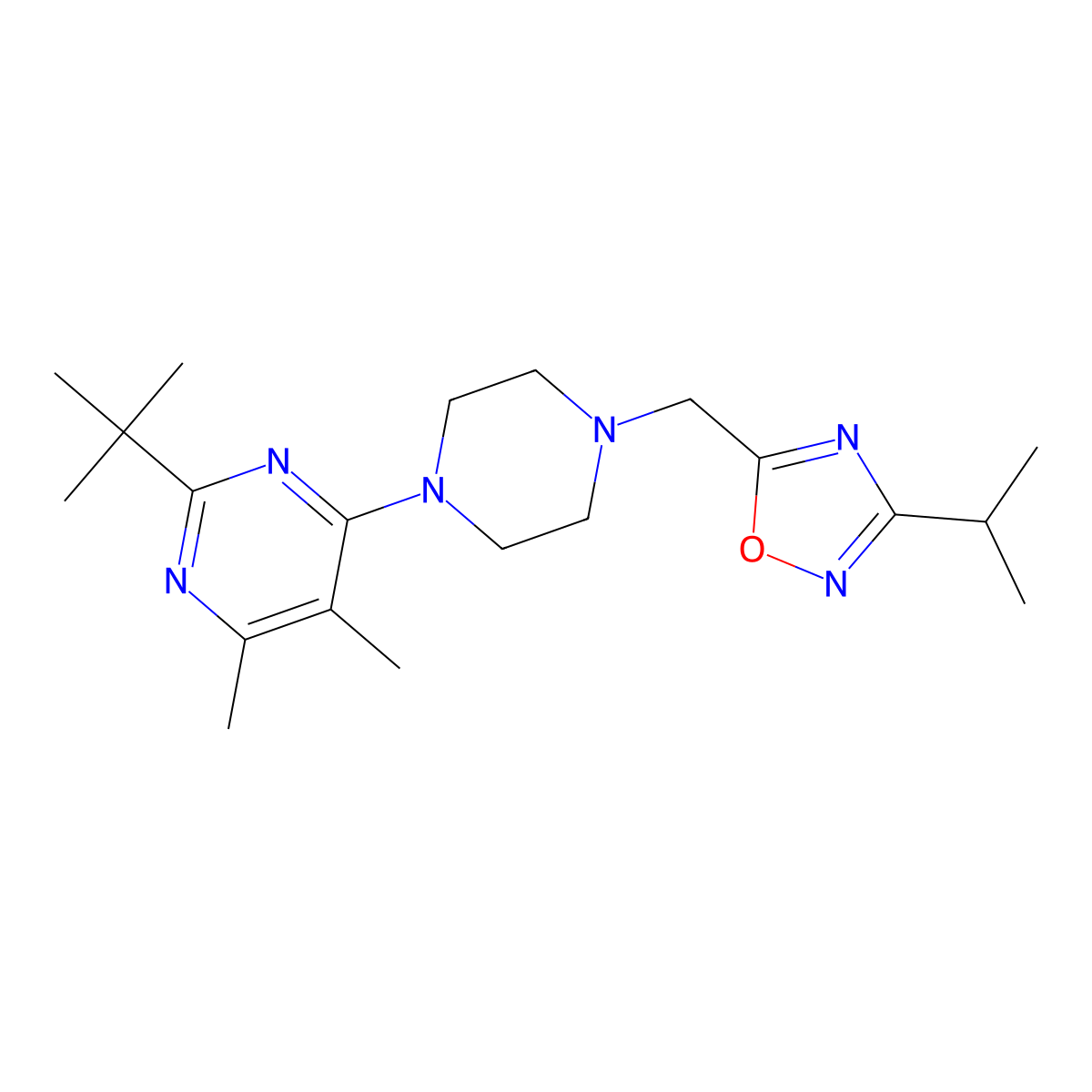 2-Tert-butyl-4,5-dimethyl-6-(4-{[3-(propan-2-yl)-1,2,4-oxadiazol-5-yl]methyl}piperazin-1-yl)pyrimidine molecular structure, CAS 2640949-95-5