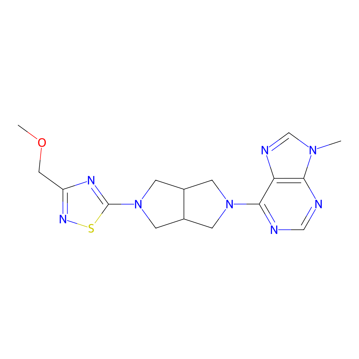 6-{5-[3-(methoxymethyl)-1,2,4-thiadiazol-5-yl]-octahydropyrrolo[3,4-c]pyrrol-2-yl}-9-methyl-9H-purine molecular structure, CAS 2640949-96-6