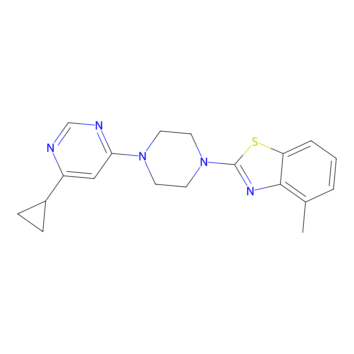 2-[4-(6-Cyclopropylpyrimidin-4-yl)piperazin-1-yl]-4-methyl-1,3-benzothiazole molecular structure, CAS 2640949-97-7