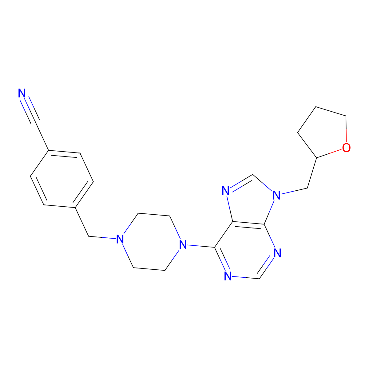 4-[(4-{9-[(oxolan-2-yl)methyl]-9H-purin-6-yl}piperazin-1-yl)methyl]benzonitrile molecular structure, CAS 2640950-00-9