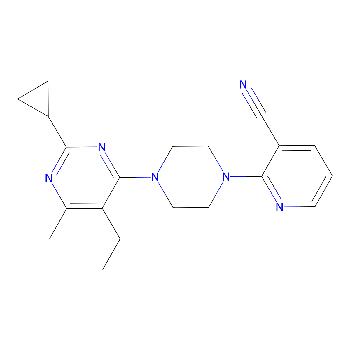 2-[4-(2-Cyclopropyl-5-ethyl-6-methylpyrimidin-4-yl)piperazin-1-yl]pyridine-3-carbonitrile molecular structure, CAS 2640950-01-0