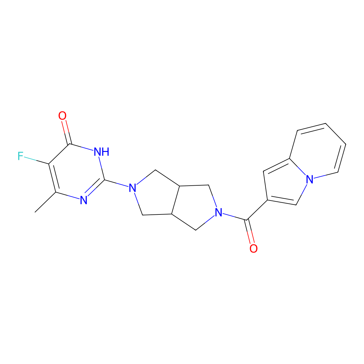 5-Fluoro-2-[5-(indolizine-2-carbonyl)-octahydropyrrolo[3,4-c]pyrrol-2-yl]-6-methyl-3,4-dihydropyrimidin-4-one molecular structure, CAS 2640950-04-3