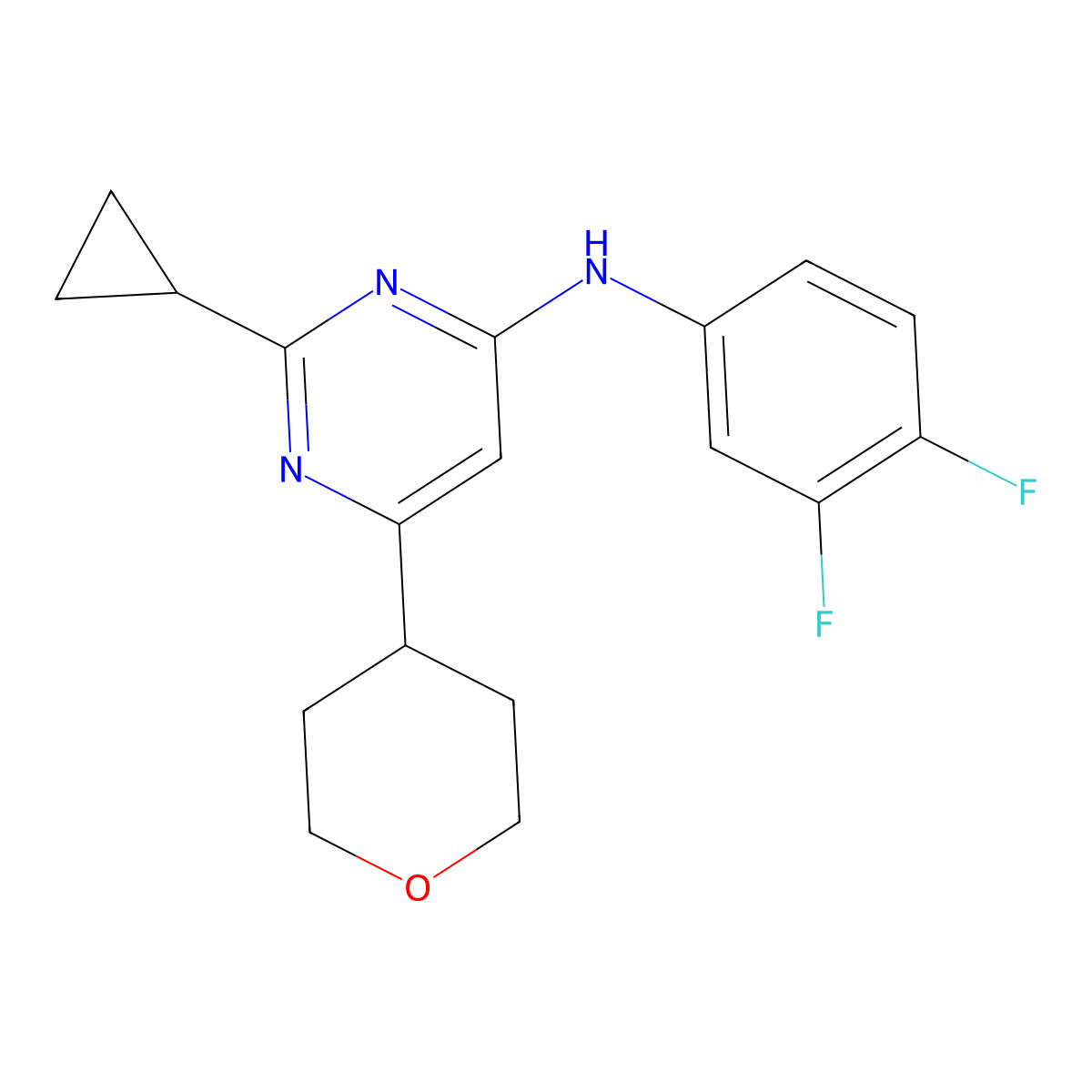 2-cyclopropyl-N-(3,4-difluorophenyl)-6-(oxan-4-yl)pyrimidin-4-amine molecular structure, CAS 2640950-05-4