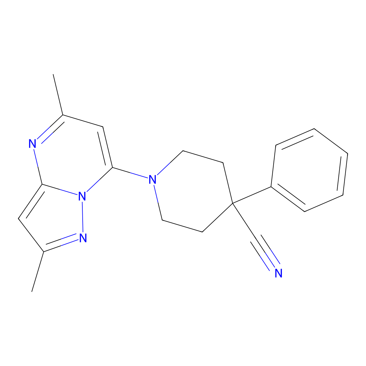 1-{2,5-Dimethylpyrazolo[1,5-a]pyrimidin-7-yl}-4-phenylpiperidine-4-carbonitrile molecular structure, CAS 2640950-09-8
