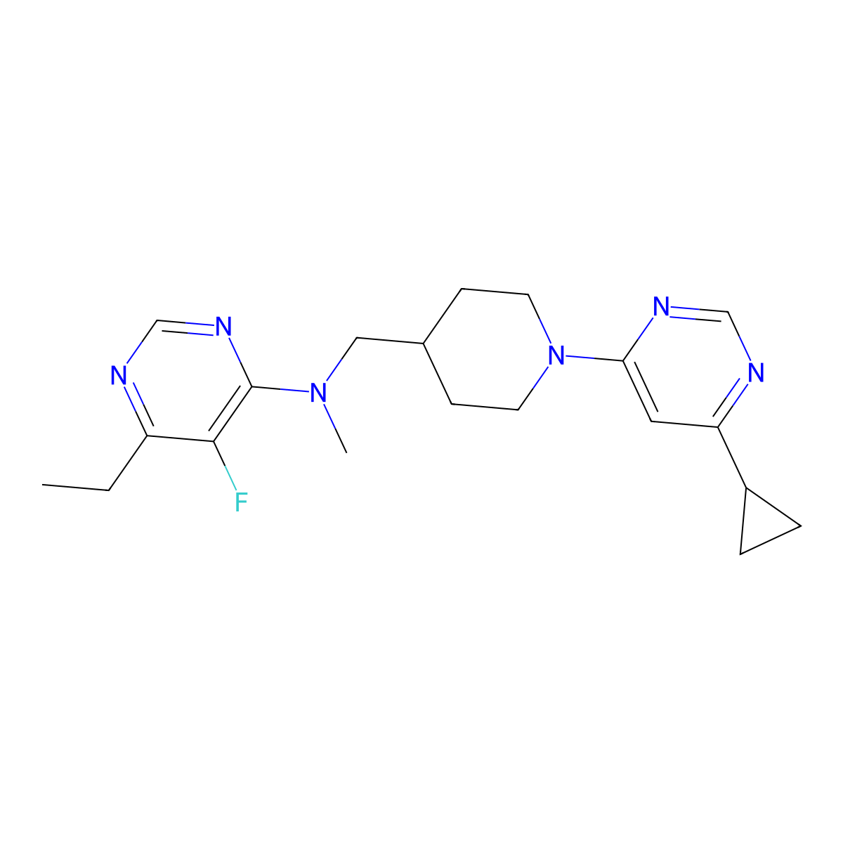 N-{[1-(6-cyclopropylpyrimidin-4-yl)piperidin-4-yl]methyl}-6-ethyl-5-fluoro-N-methylpyrimidin-4-amine molecular structure, CAS 2640950-10-1
