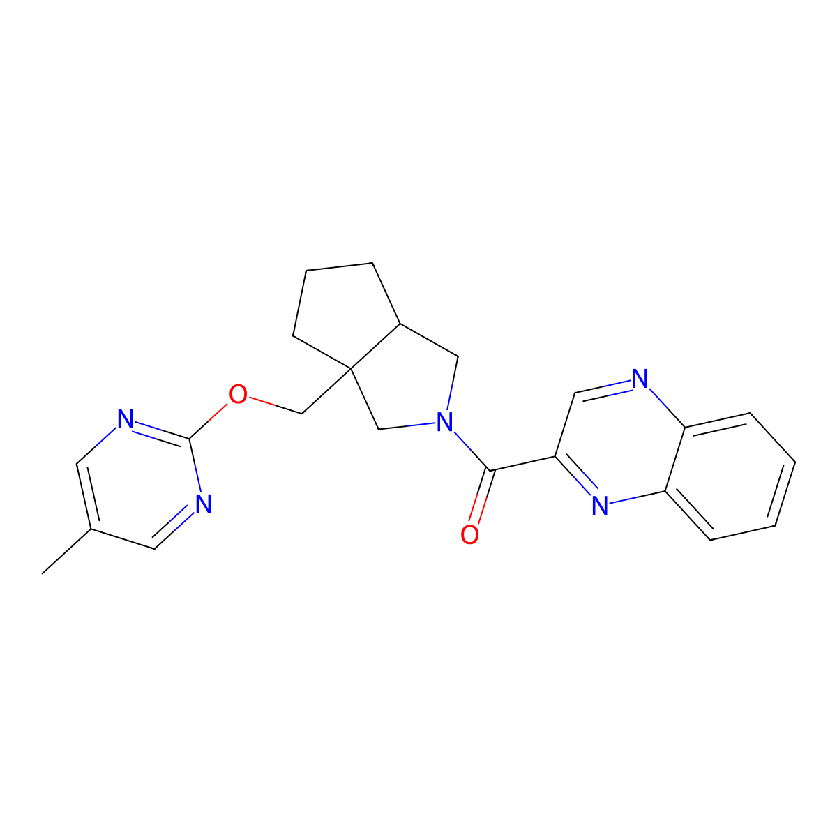 2-(3a-{[(5-Methylpyrimidin-2-yl)oxy]methyl}-octahydrocyclopenta[c]pyrrole-2-carbonyl)quinoxaline molecular structure, CAS 2640950-12-3