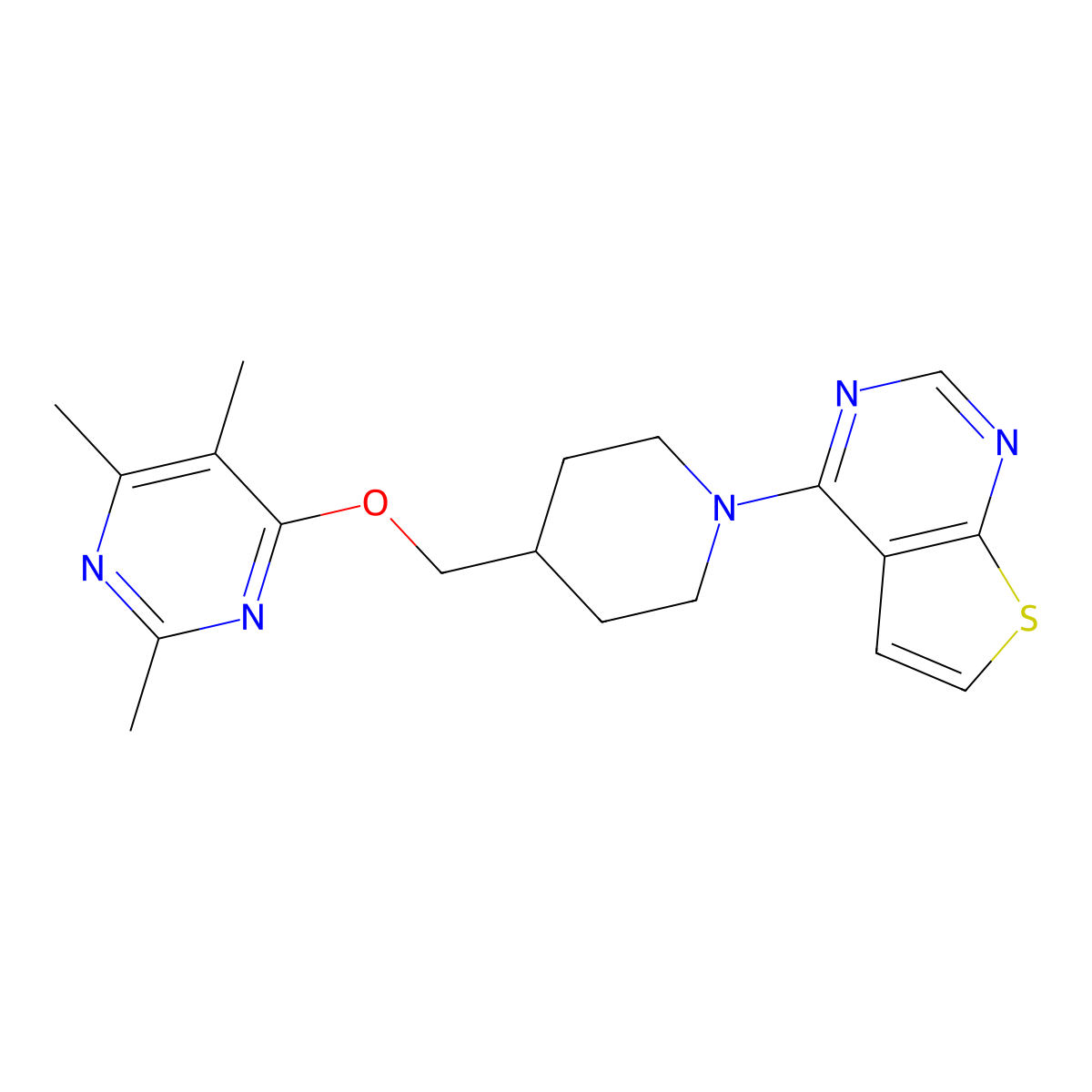 2,4,5-Trimethyl-6-[(1-{thieno[2,3-d]pyrimidin-4-yl}piperidin-4-yl)methoxy]pyrimidine molecular structure, CAS 2640950-15-6