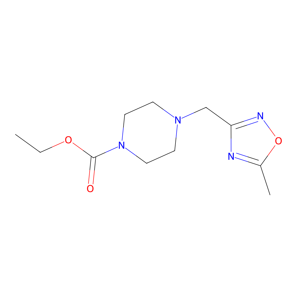 Ethyl 4-[(5-methyl-1,2,4-oxadiazol-3-yl)methyl]piperazine-1-carboxylate molecular structure, CAS 2640950-17-8
