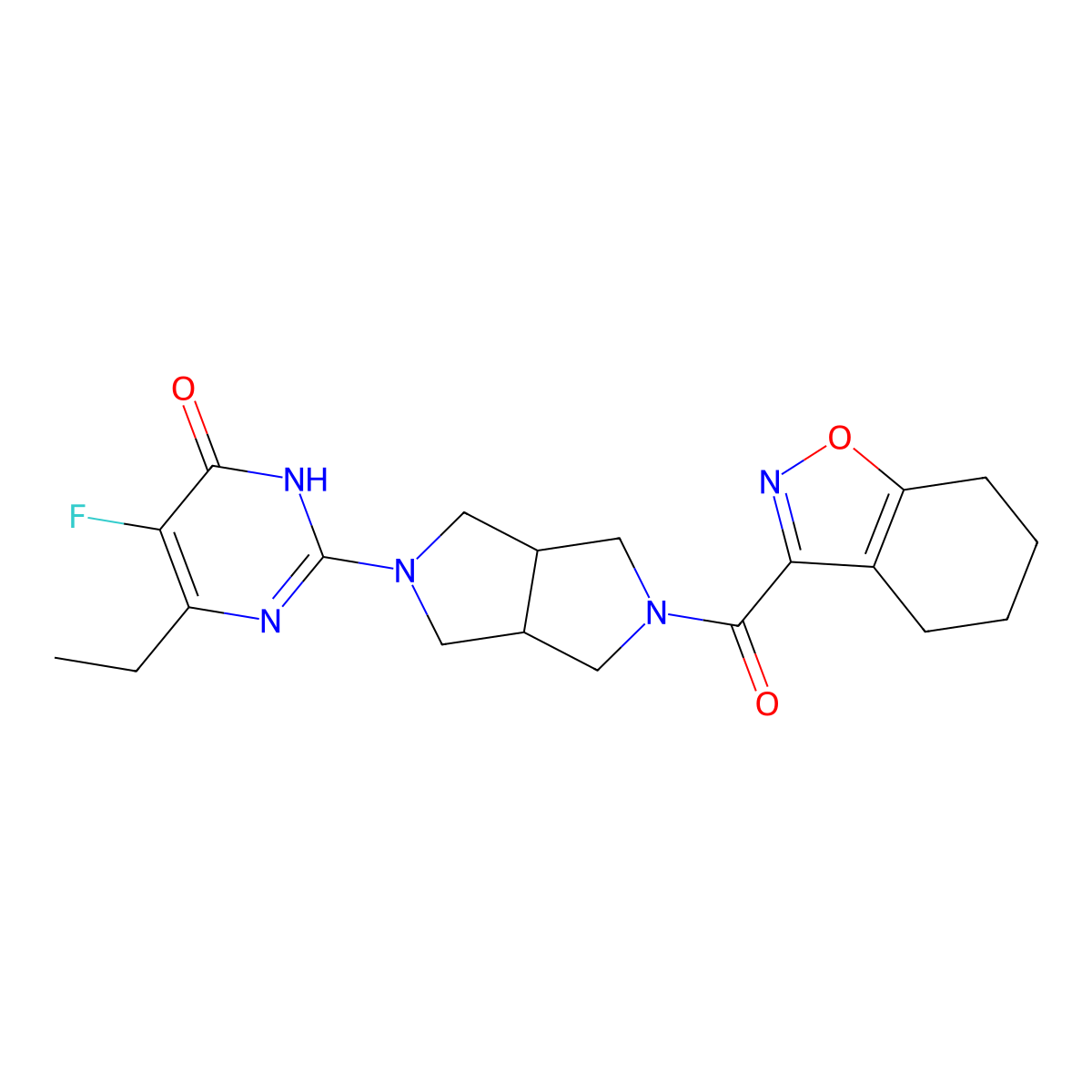6-Ethyl-5-fluoro-2-[5-(4,5,6,7-tetrahydro-1,2-benzoxazole-3-carbonyl)-octahydropyrrolo[3,4-c]pyrrol-2-yl]-3,4-dihydropyrimidin-4-one molecular structure, CAS 2640950-20-3