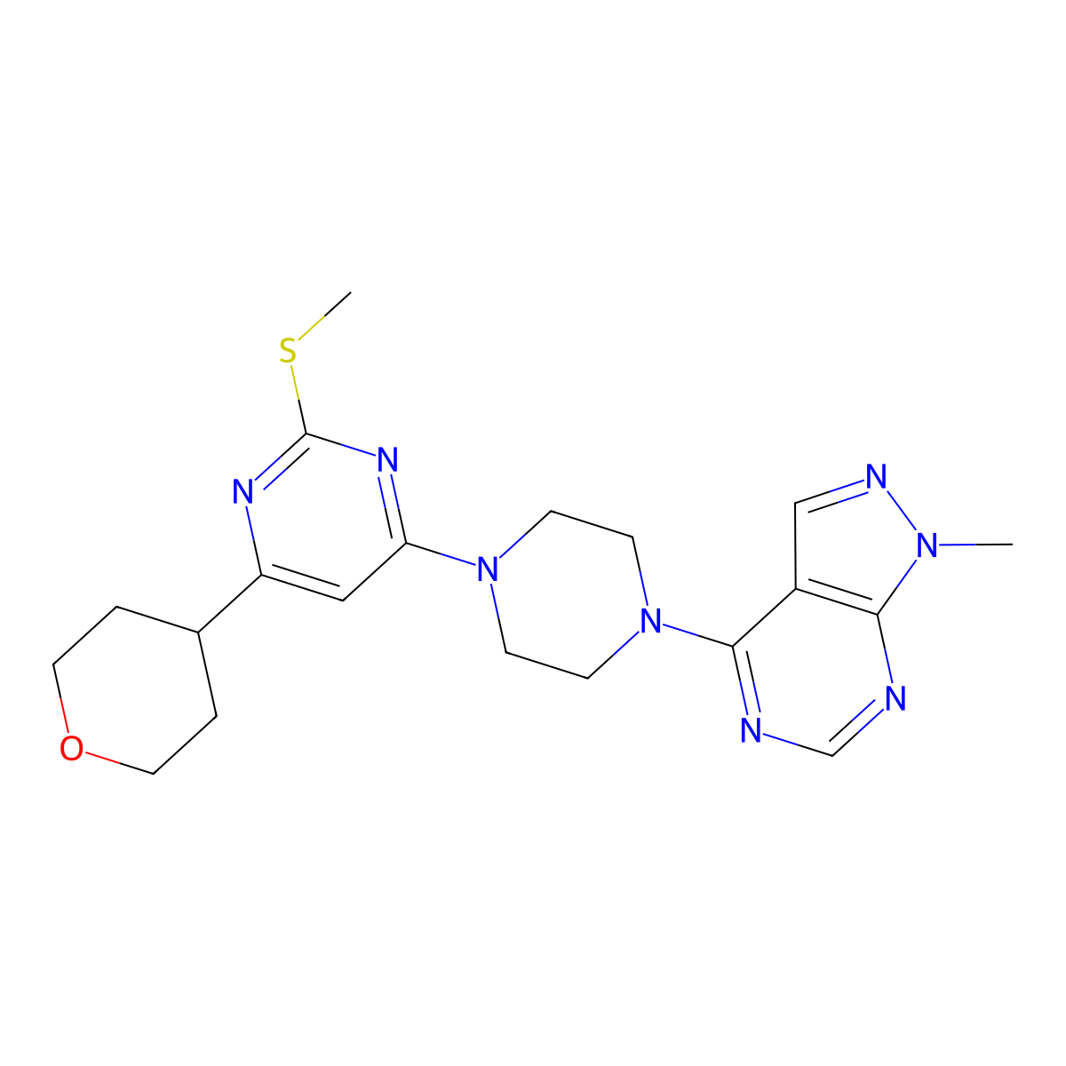 4-(4-{1-methyl-1H-pyrazolo[3,4-d]pyrimidin-4-yl}piperazin-1-yl)-2-(methylsulfanyl)-6-(oxan-4-yl)pyrimidine molecular structure, CAS 2640950-24-7