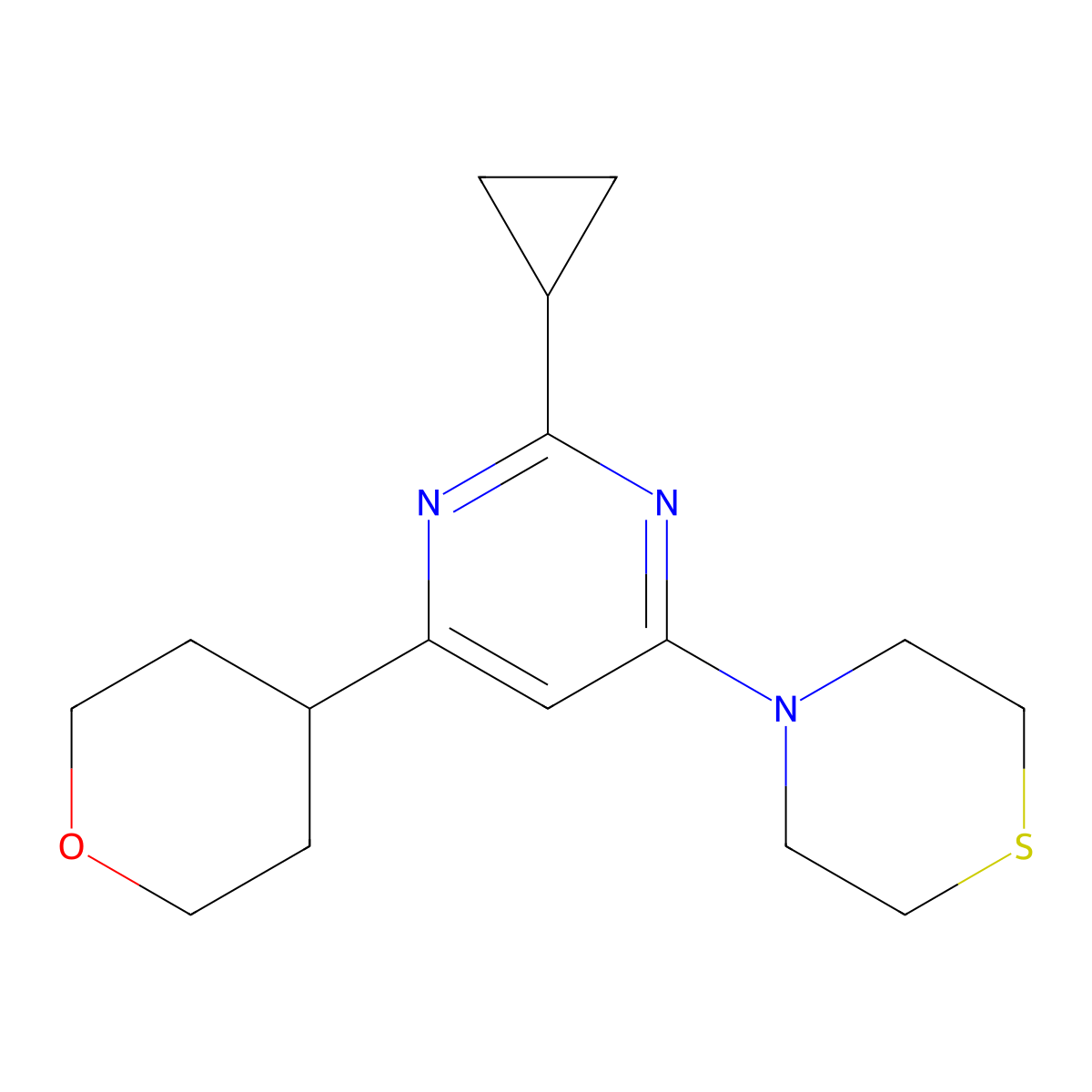 4-[2-Cyclopropyl-6-(oxan-4-yl)pyrimidin-4-yl]thiomorpholine molecular structure, CAS 2640950-32-7