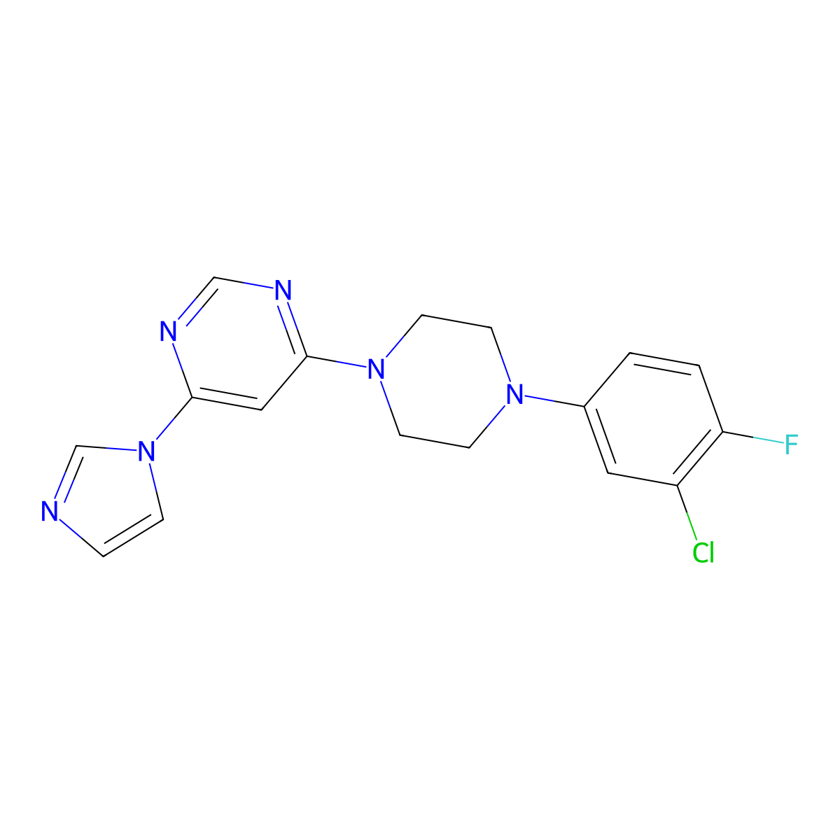 4-[4-(3-chloro-4-fluorophenyl)piperazin-1-yl]-6-(1H-imidazol-1-yl)pyrimidine molecular structure, CAS 2640950-36-1