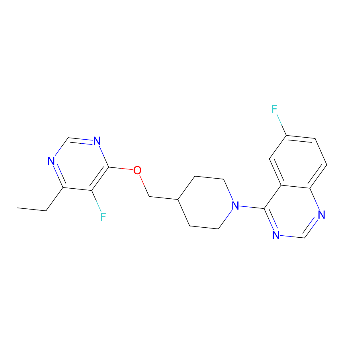 4-(4-{[(6-Ethyl-5-fluoropyrimidin-4-yl)oxy]methyl}piperidin-1-yl)-6-fluoroquinazoline molecular structure, CAS 2640950-37-2